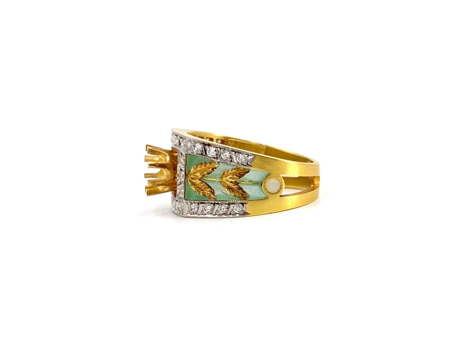 An exquisite and unique Masriera creation. This 18 karat yellow gold ring mounting features hand painted greenish-blue enamel reminiscent of stained glass in a leaf motif, high quality diamonds and a beautiful satin-brushed finish throughout.