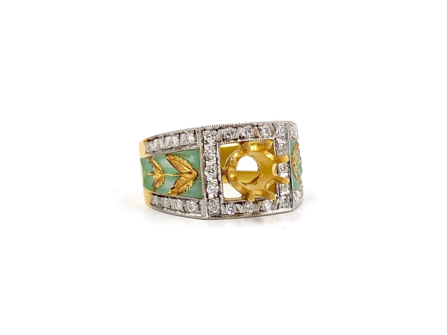 Art Nouveau Masriera y Carreras 18 Karat Diamond and Leaf Enamel Ring Setting For Sale