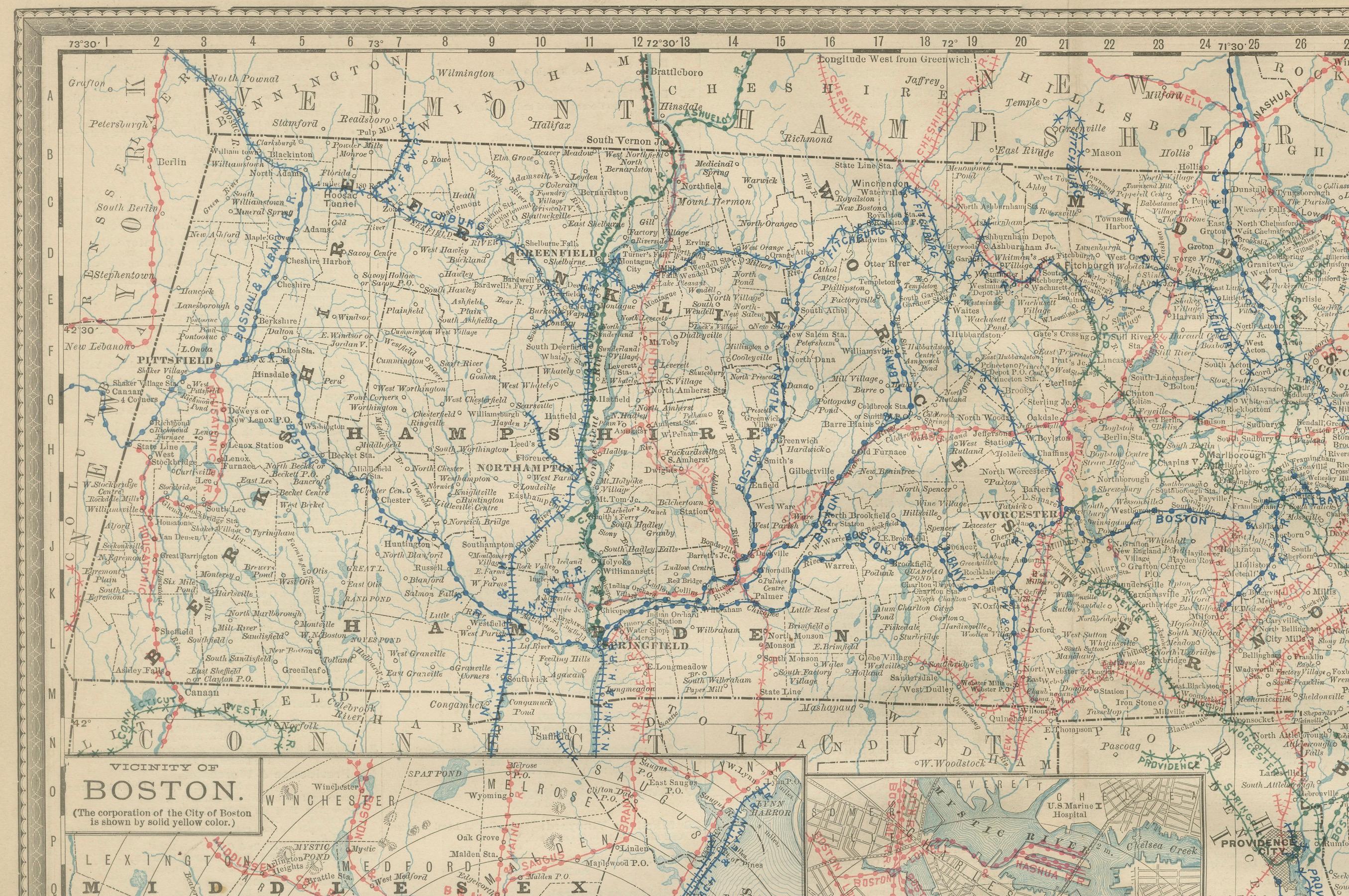 American Massachusetts Antique Map c.1888 – The Bay State, Railroads & Boston Inset For Sale