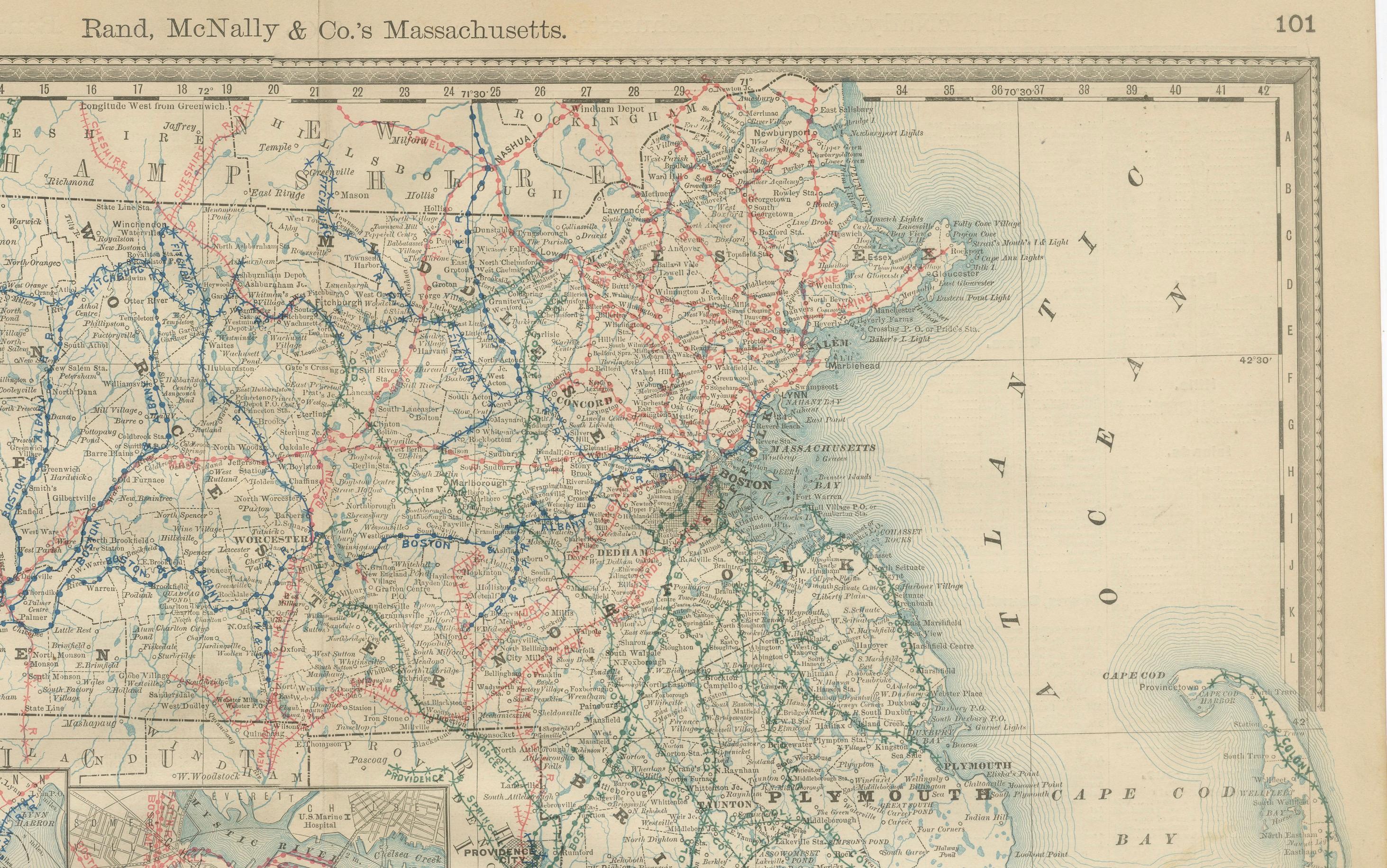 Engraved Massachusetts Antique Map c.1888 – The Bay State, Railroads & Boston Inset For Sale