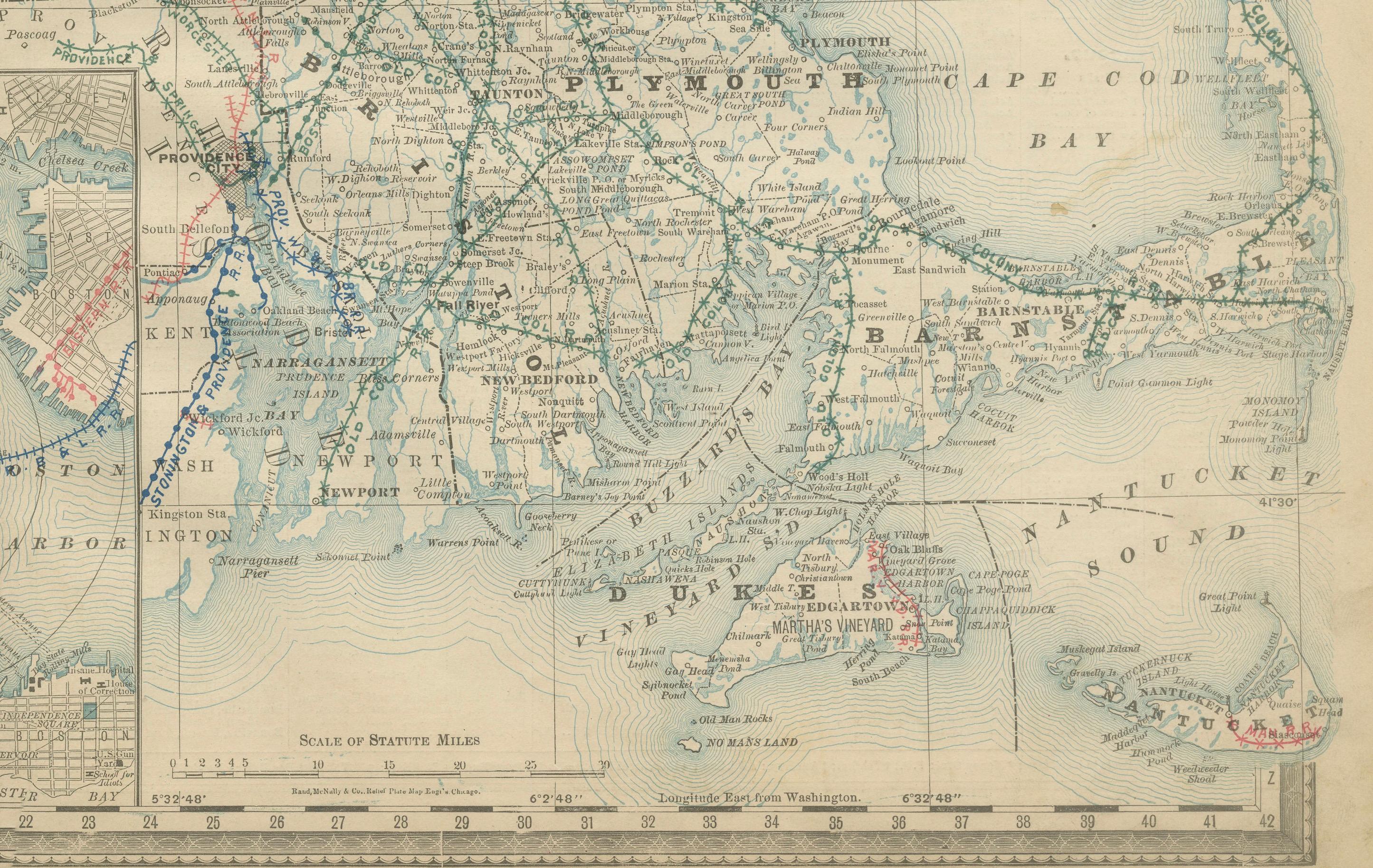 19th Century Massachusetts Antique Map c.1888 – The Bay State, Railroads & Boston Inset For Sale