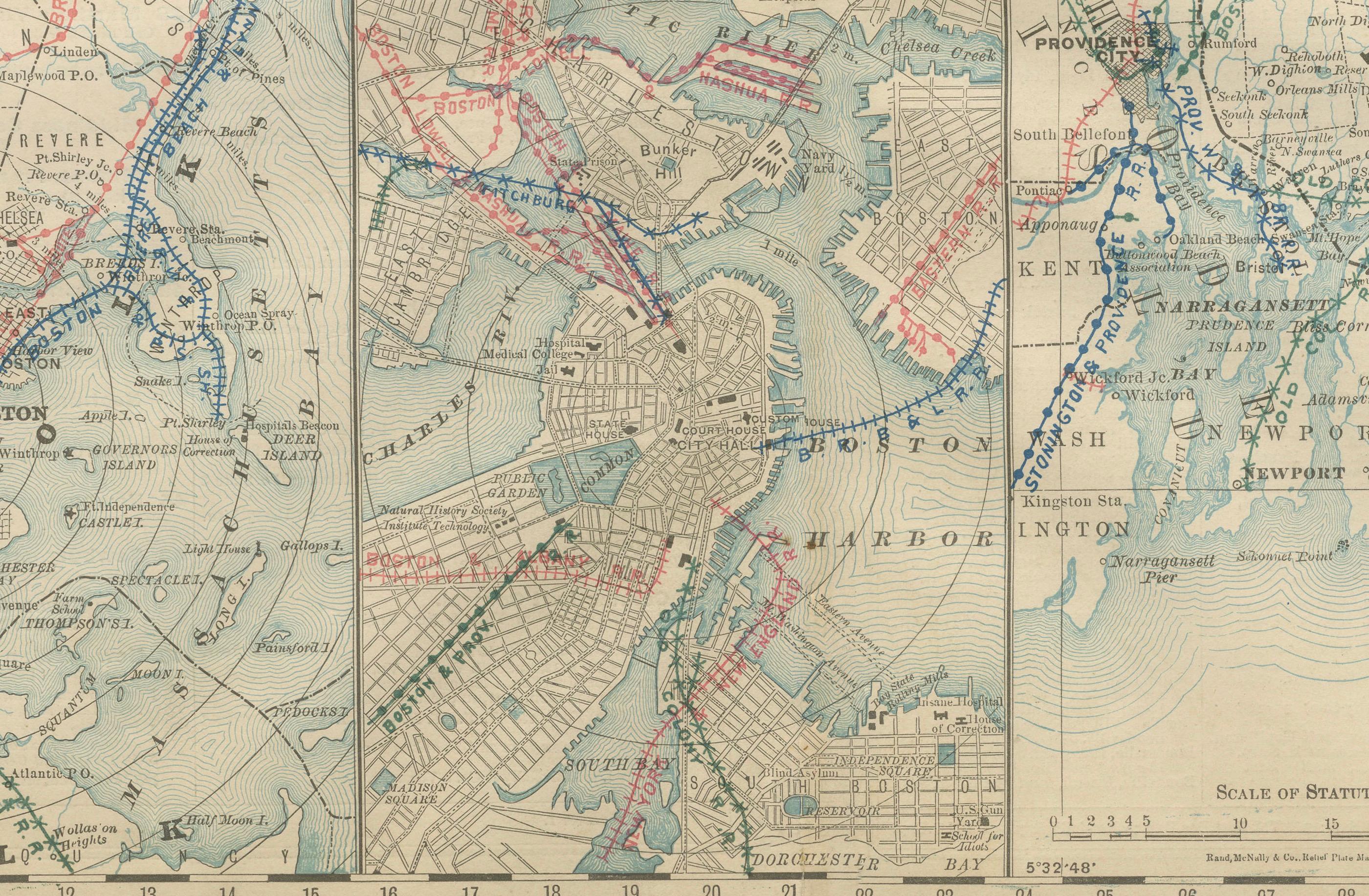 Paper Massachusetts Antique Map c.1888 – The Bay State, Railroads & Boston Inset For Sale