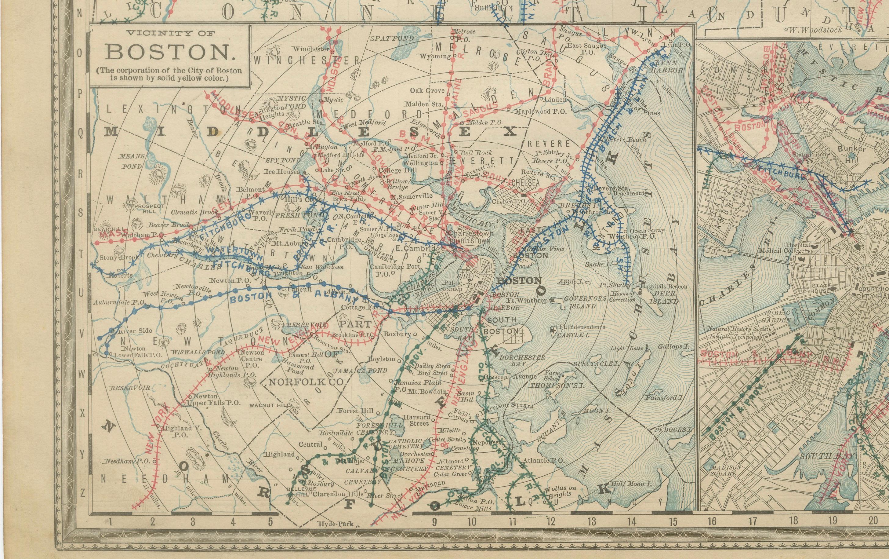 Massachusetts Antique Map c.1888 – The Bay State, Railroads & Boston Inset For Sale 2