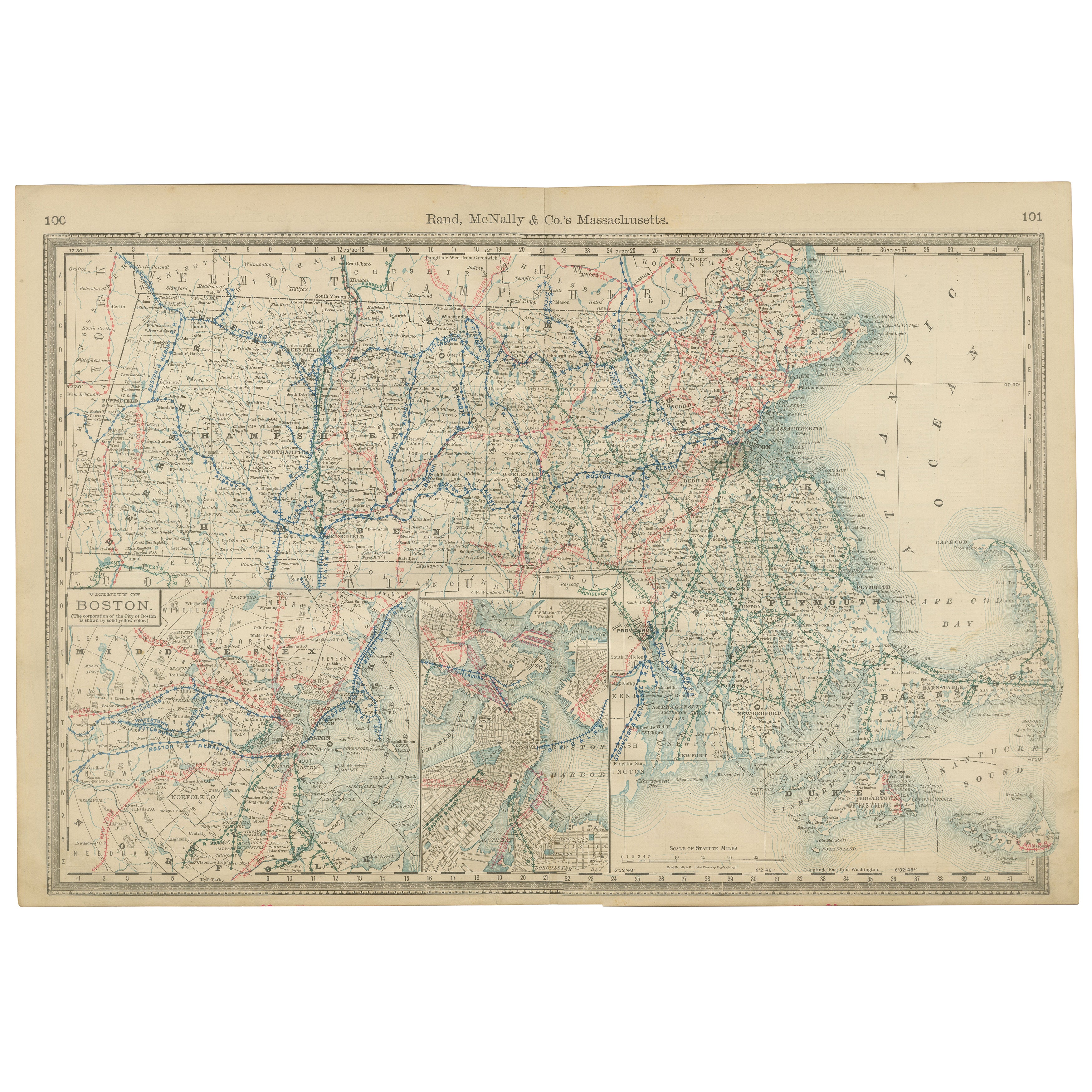 Mapa Antiguo de Massachusetts c.1888 - El Estado de la Bahía, Ferrocarriles y Recuadro de Boston