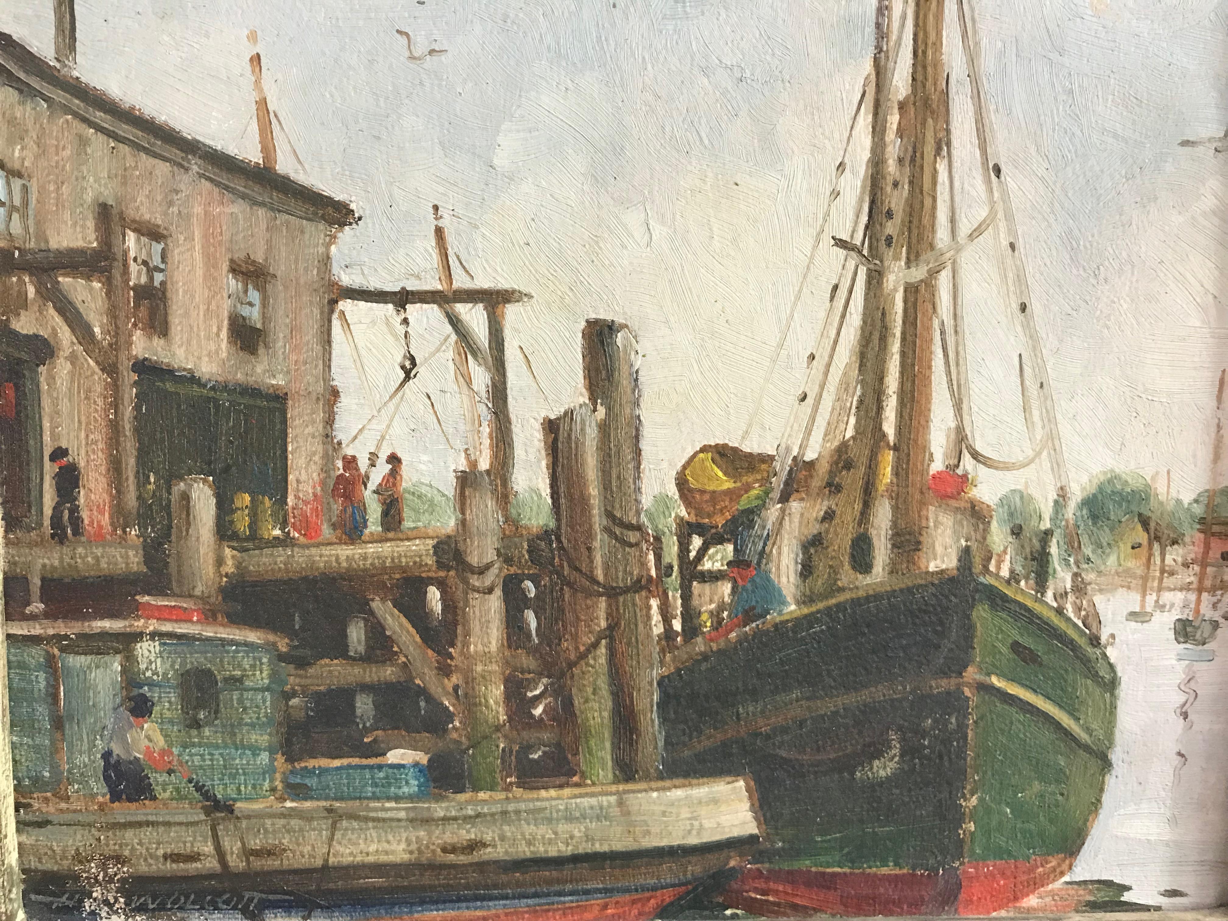 A small new England harbor scene painting by artist H. C. Wolcott (b.1898-d.1977). Titled on the back Fishing Boats, Gloucester Mass.
Oil on canvas in carved wood frame.
Early to mid-20th century.
Wolcott was born in New York in 1898 and served