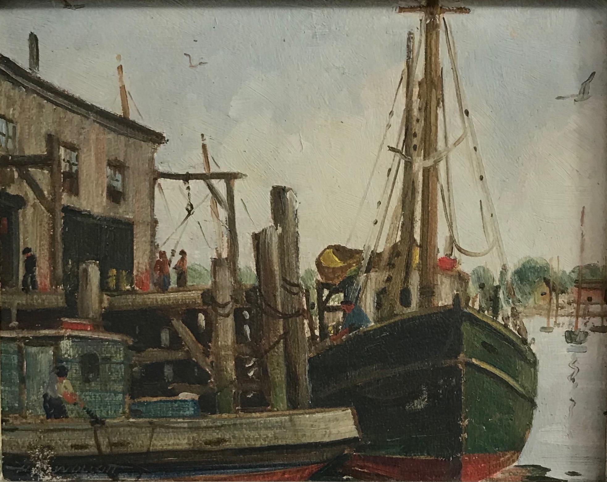 Massachusetts Harbor Fishing Boats Painting by H. C. Wolcott, 20th Century 1