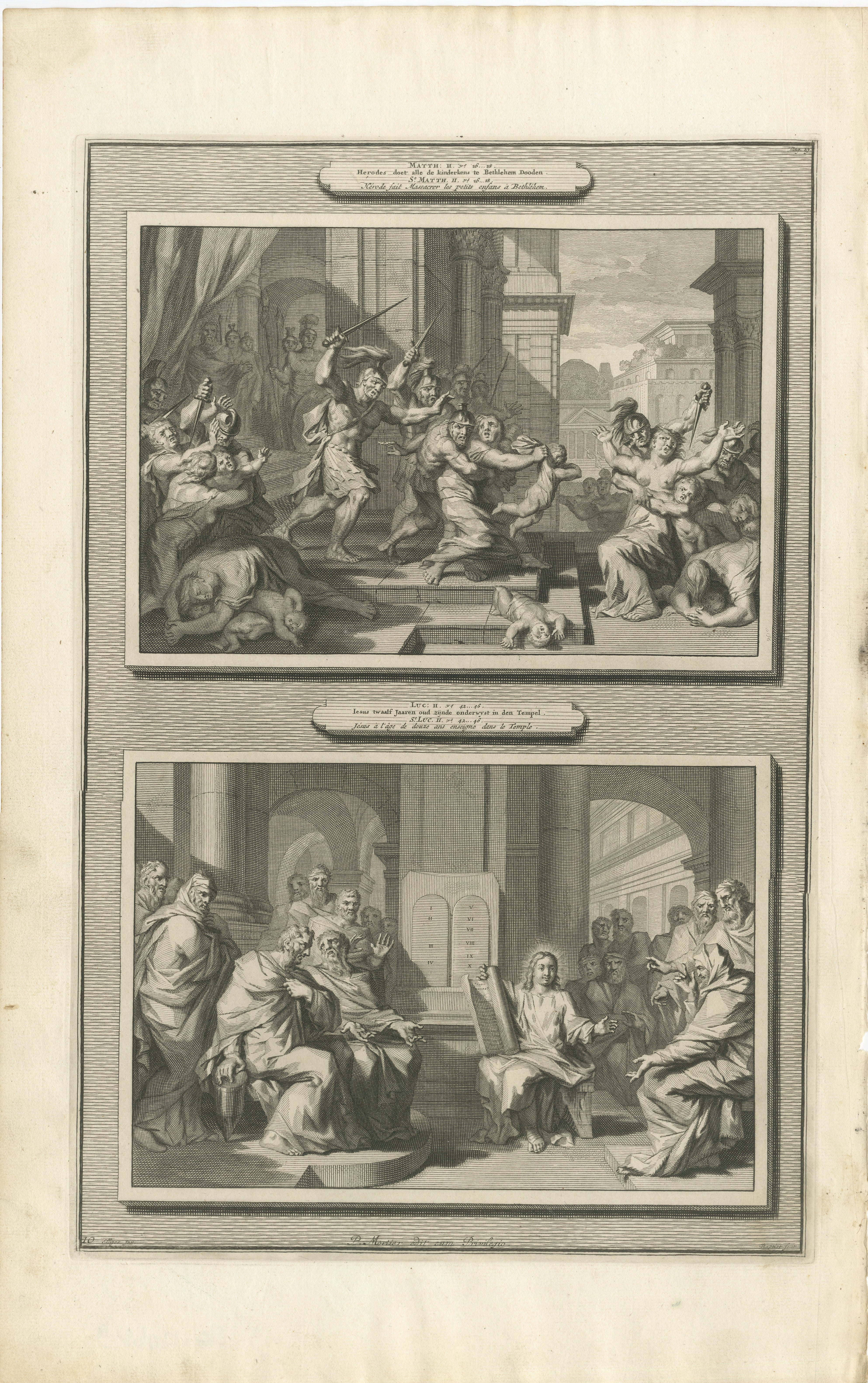 Massaker an den Unschuldigen und Christus unter den Ärzten, Pieter Mortier, um 1700

Antiker Originalstich aus Histoire du Vieux et du Nouveau Testament, veröffentlicht in Amsterdam von Pieter Mortier um 1700. Diese Doppelszenentafel illustriert