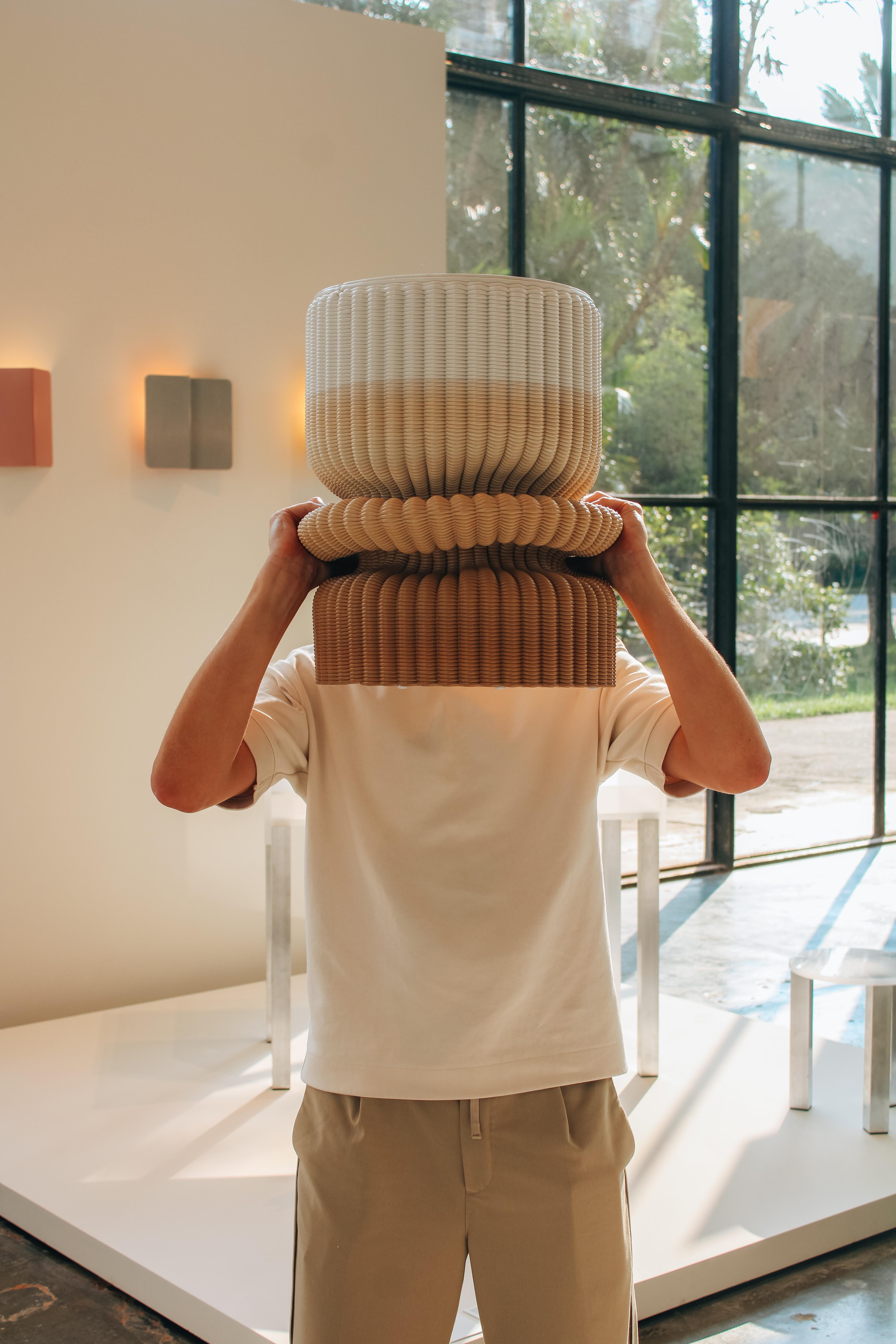 Contemporary 'Massage' Lounge Stool 3D Printed in White & Ocher Gradient Recycled Plastic For Sale