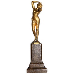 Charles Massé, Vergoldete Bronzeskulptur, Nackte Frau