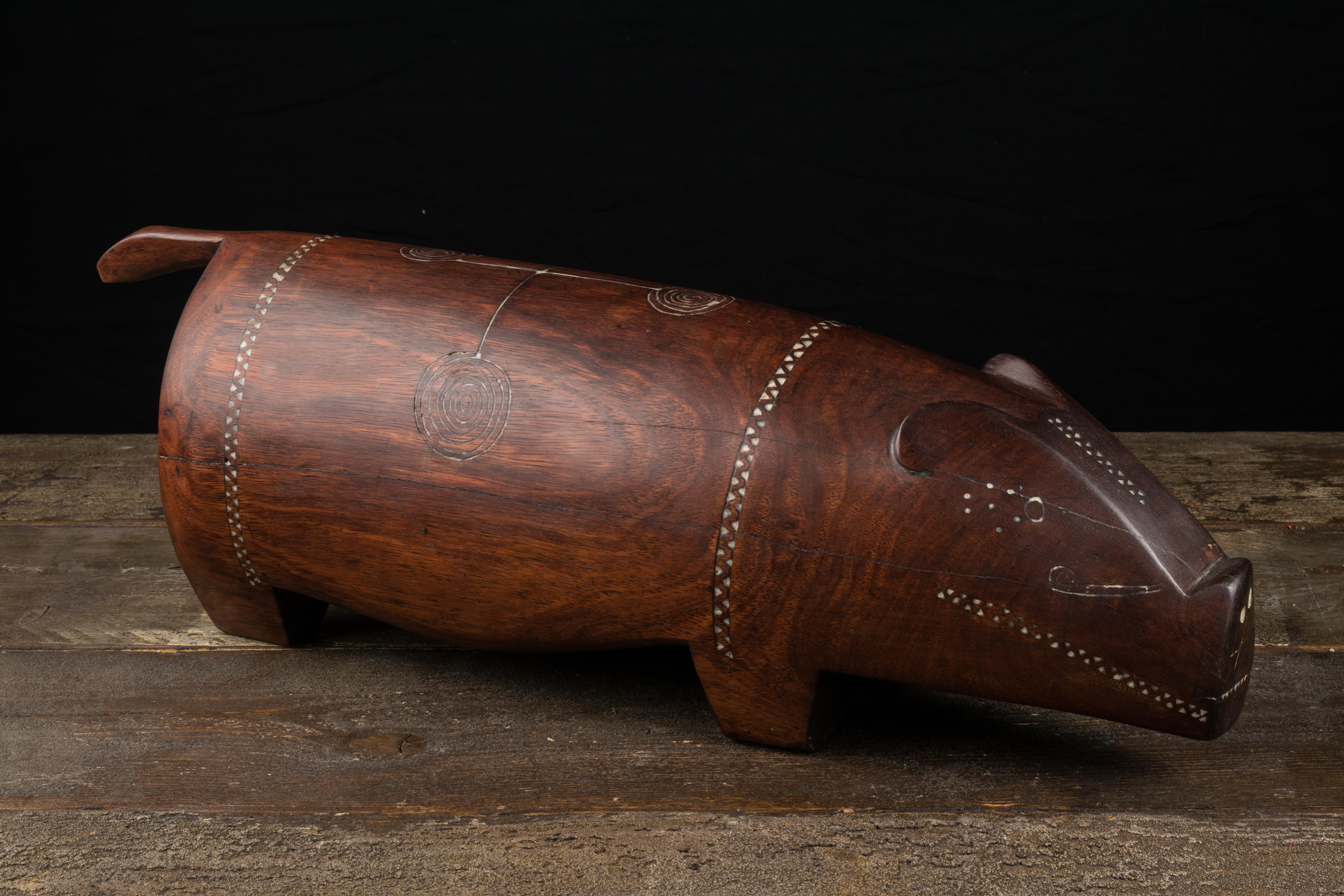 20th Century Massim Ceremonial Pig with Inlaid Shell, Trobiand Islands, Papua New Guinea For Sale