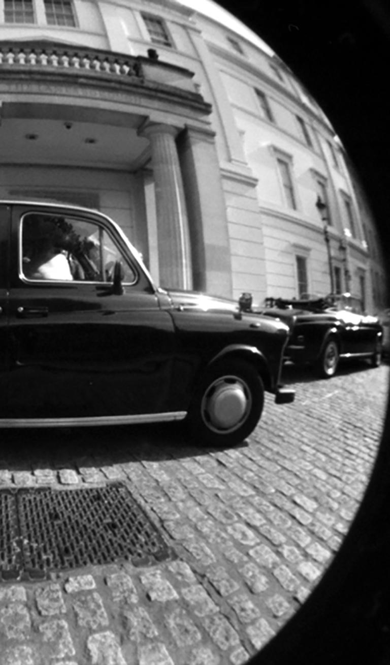 Black Cab- Massimiliano Muner B&W Fish Eye Lens Photo For Sale 3