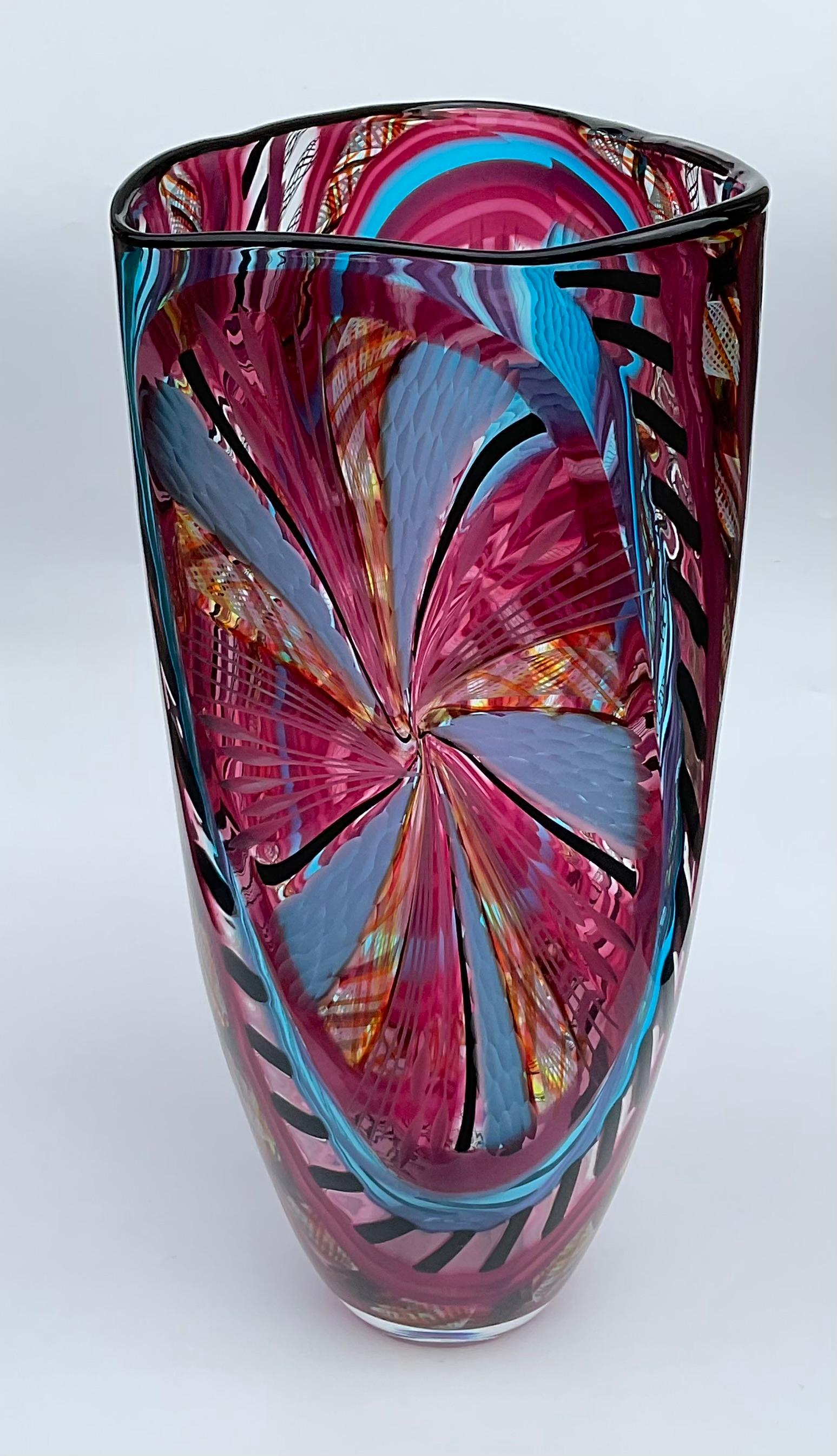 Blown Glass Massimiliano Schiavon LARGE Murano Glass Vase with pinwheel and fine battuto 