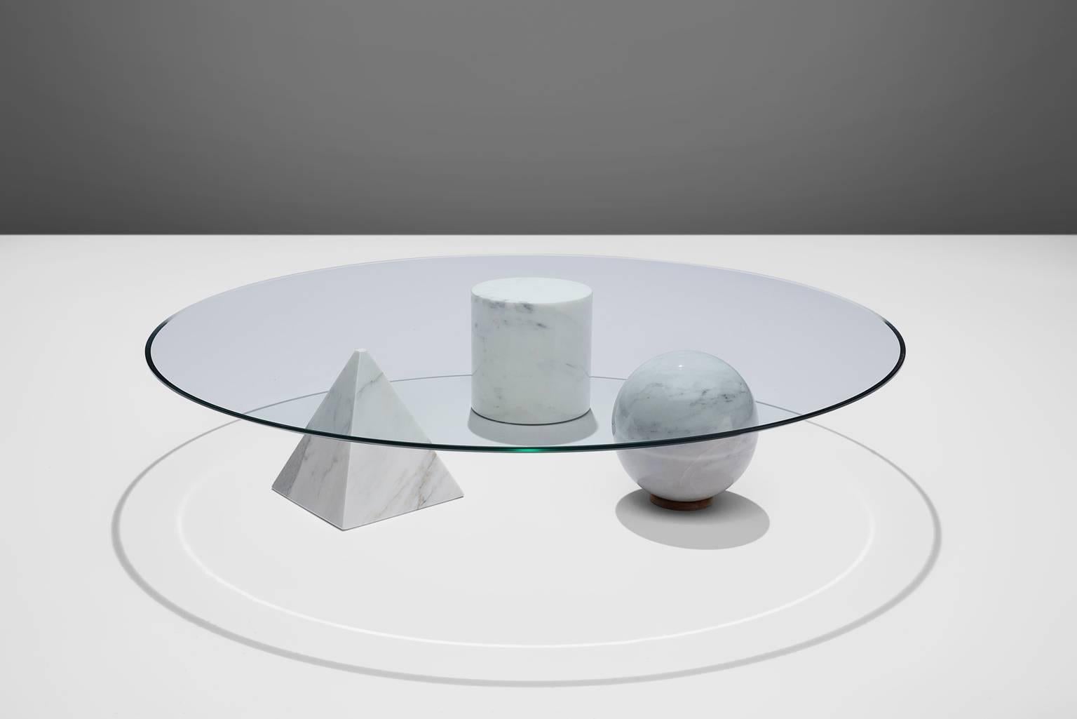 Lella and Massimo Vignelli, 'Metafora' cocktail table, glass and marble, Italy, 1970s.

This variation on the square Metafora table is designed by Lella and Massimo Vignelli. This table combined out of three geometric shapes: a cylinder, a ball,