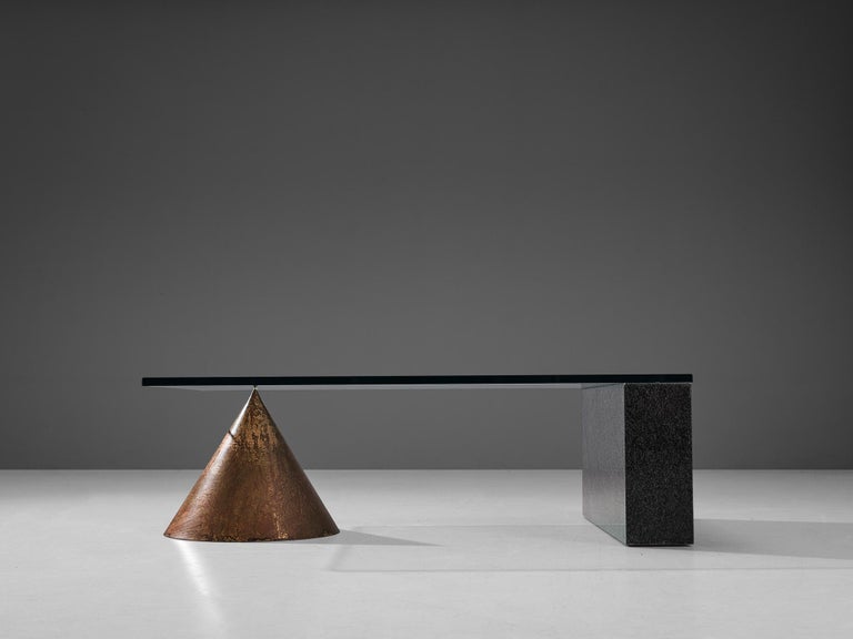 Lella & Massimo Vignelli for Casigliani, coffee table, model 'Kono', copper, granite, glass, Italy, 1984.

Sculptural cocktail table by Italian designer duo Lella and Massimo Vignelli. Playful design with geometric shapes. This table shows a