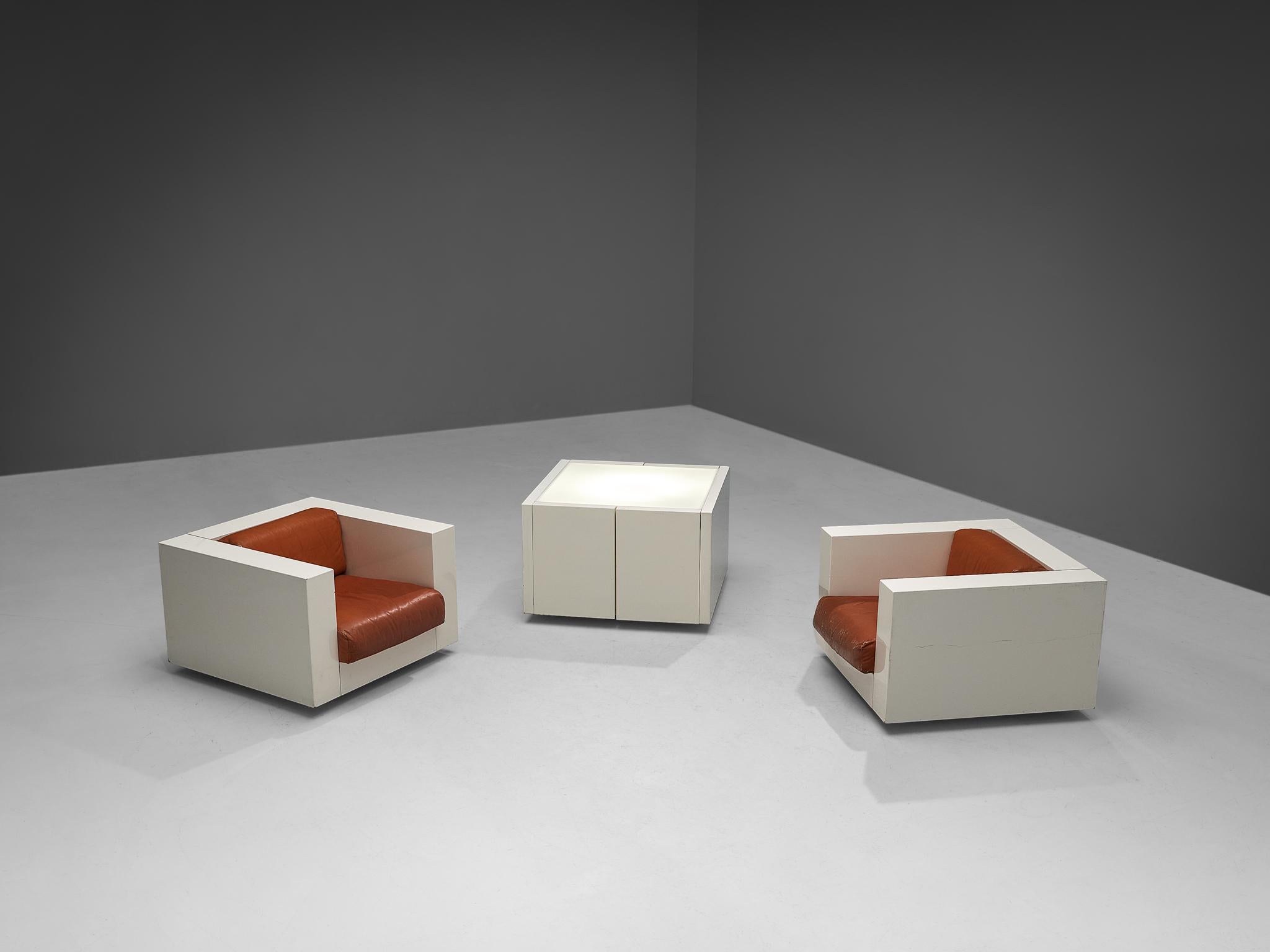 Massimo and Lella Vignelli for Poltronova, set of 'Saratoga' lounge chairs and light table / cabinet, polyester lacquer, leather, Italy, 1964 

This set of two lounge chairs and a table is introduced as 'Saratoga'.  The combination of the two pieces