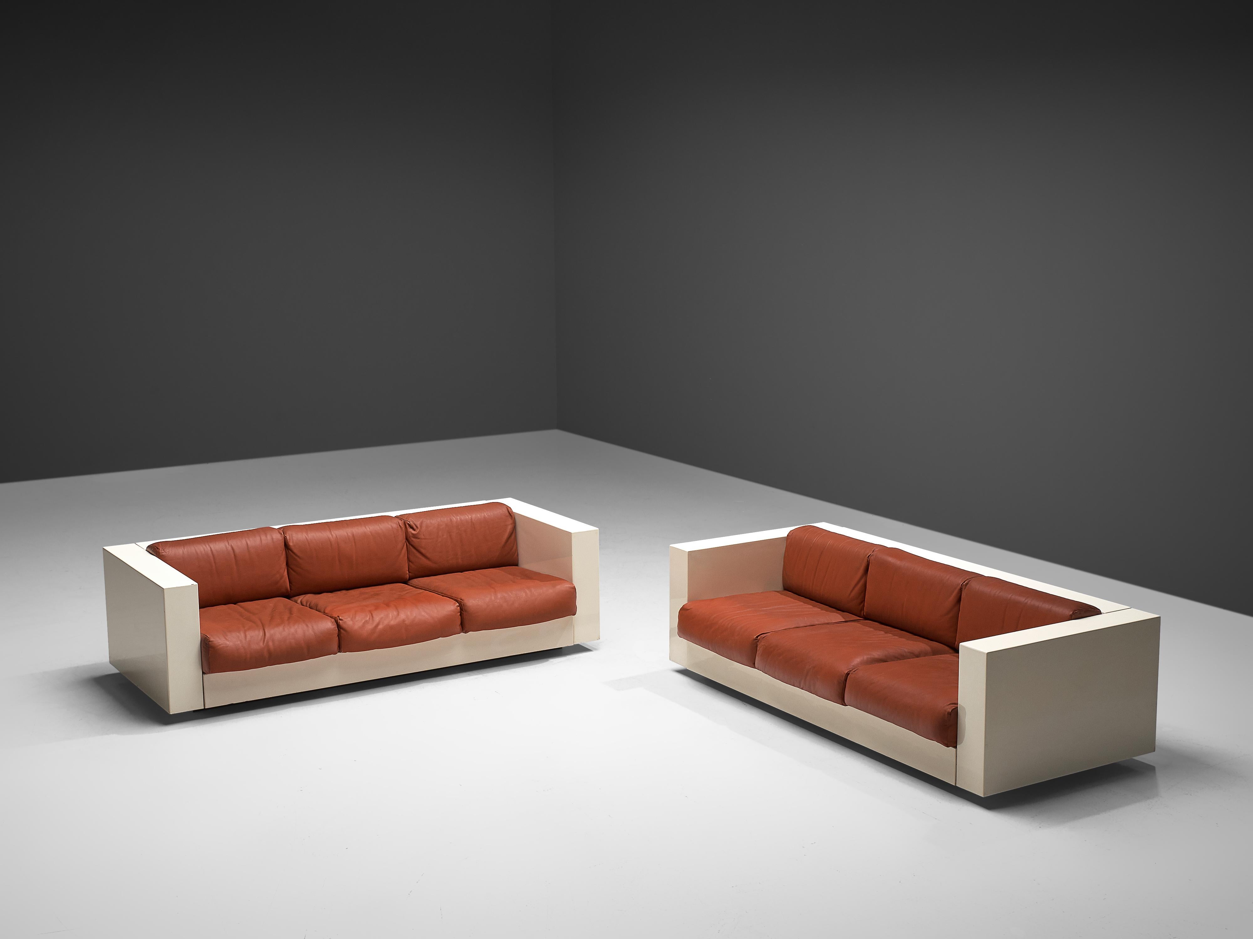 Mid-Century Modern Massimo and Lella Vignelli for Poltronova White 'Saratoga' Sofas in Red Leather