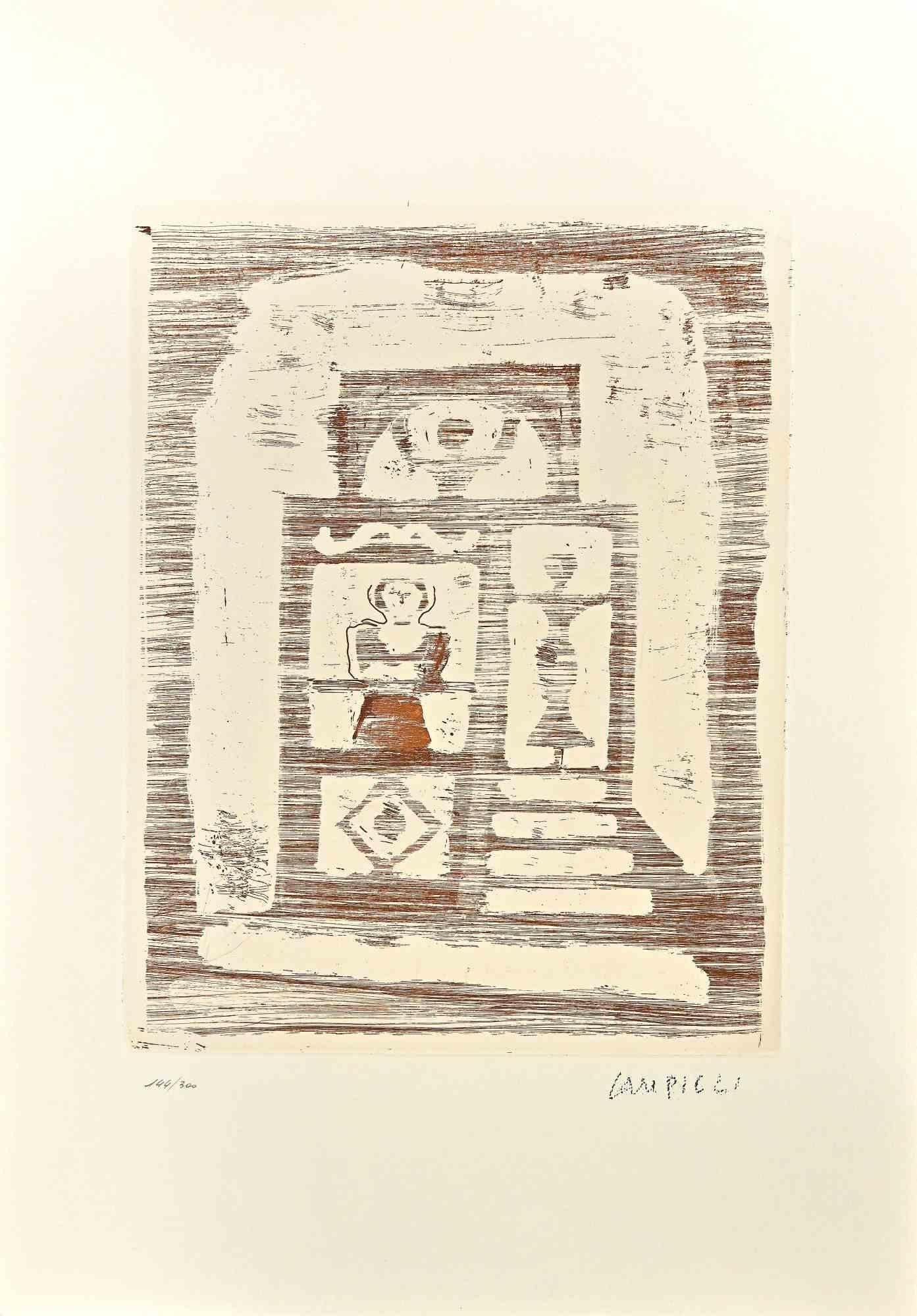 The House of Women  is a contemporary print realized by Massimo Campigli in the 1970s.

Etching on paper.

This artwork it is part of a series of works created in the last period of the artist and printed at the turn of the year of his death, which