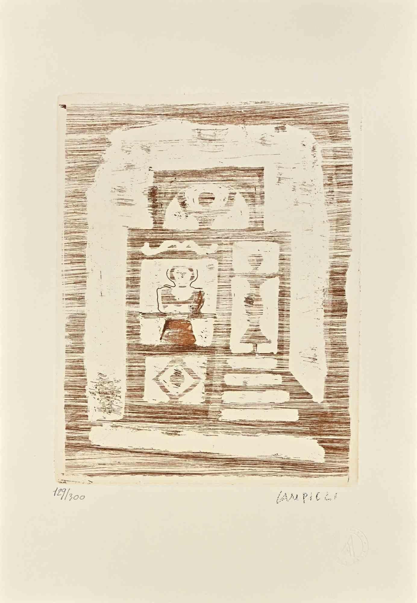 The women's house  is an original print realized by Massimo Campigli in the 1970s.

Etching on paper.

This artwork it is part of a series of works created in the last period of the artist and printed at the turn of the year of his death, which took
