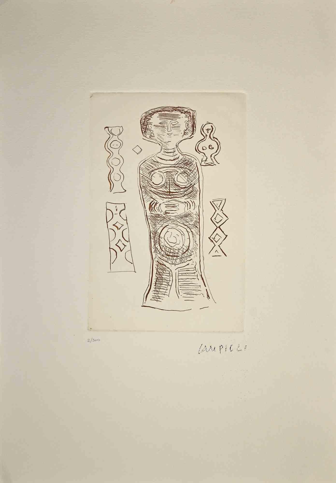 The idol  is a print realized by Massimo Campigli in the 1970/1971s.

Etching on paper.

This artwork it is part of a series of works created in the last period of the artist and printed at the turn of the year of his death, which took place in