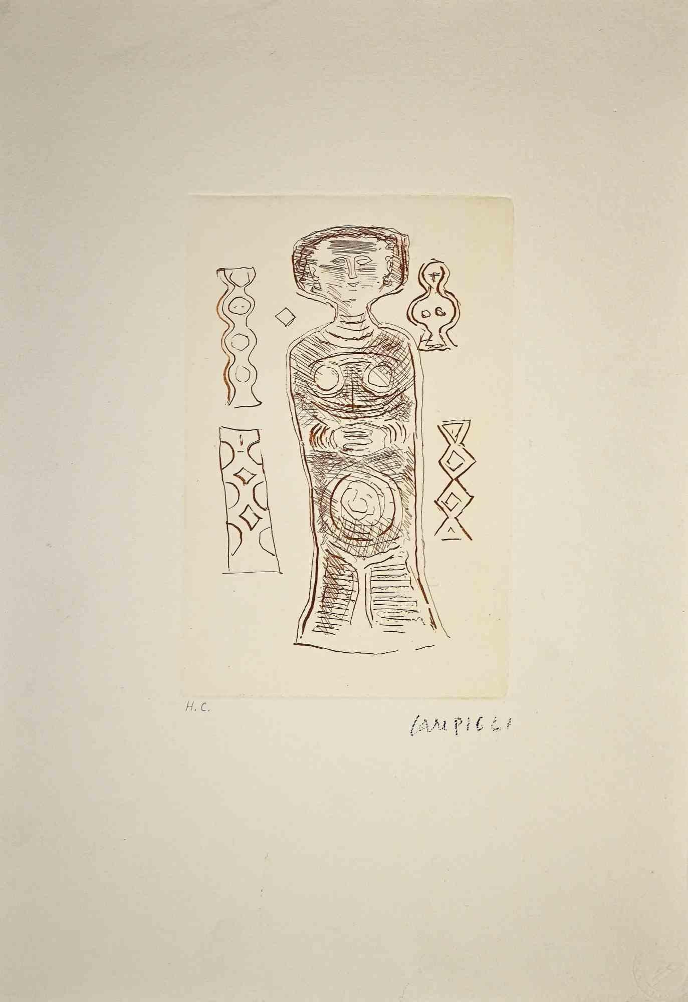 The idol  is an original print realized by Massimo Campigli in the 1970/1971s.

Etching on paper.

This artwork it is part of a series of works created in the last period of the artist and printed at the turn of the year of his death, which took