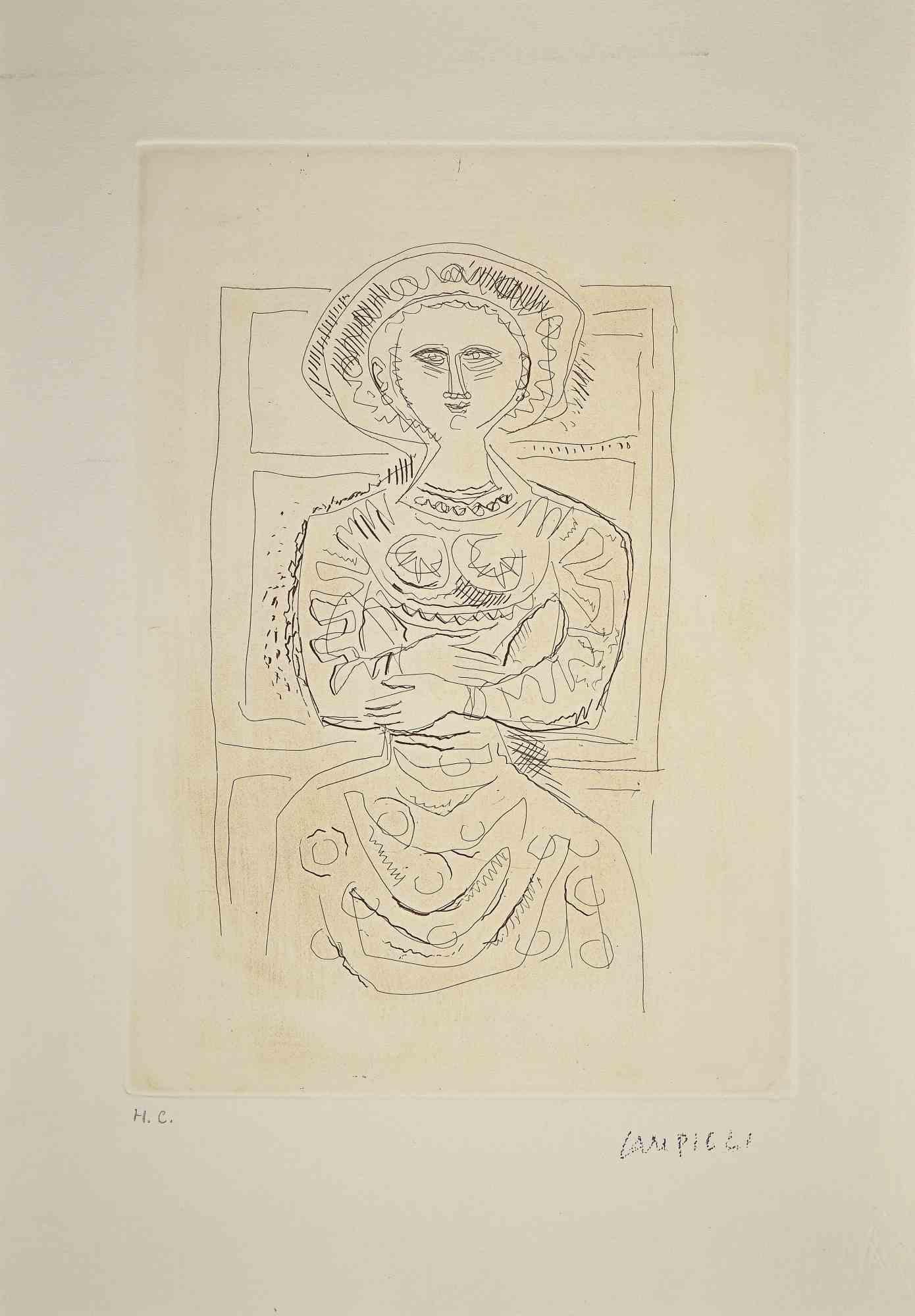 The Idol is an original print realized by Massimo Campigli in the 1970/1971.

Etching on paper.

This artwork it is part of a series of works created in the last period of the artist and printed at the turn of the year of his death, which took place