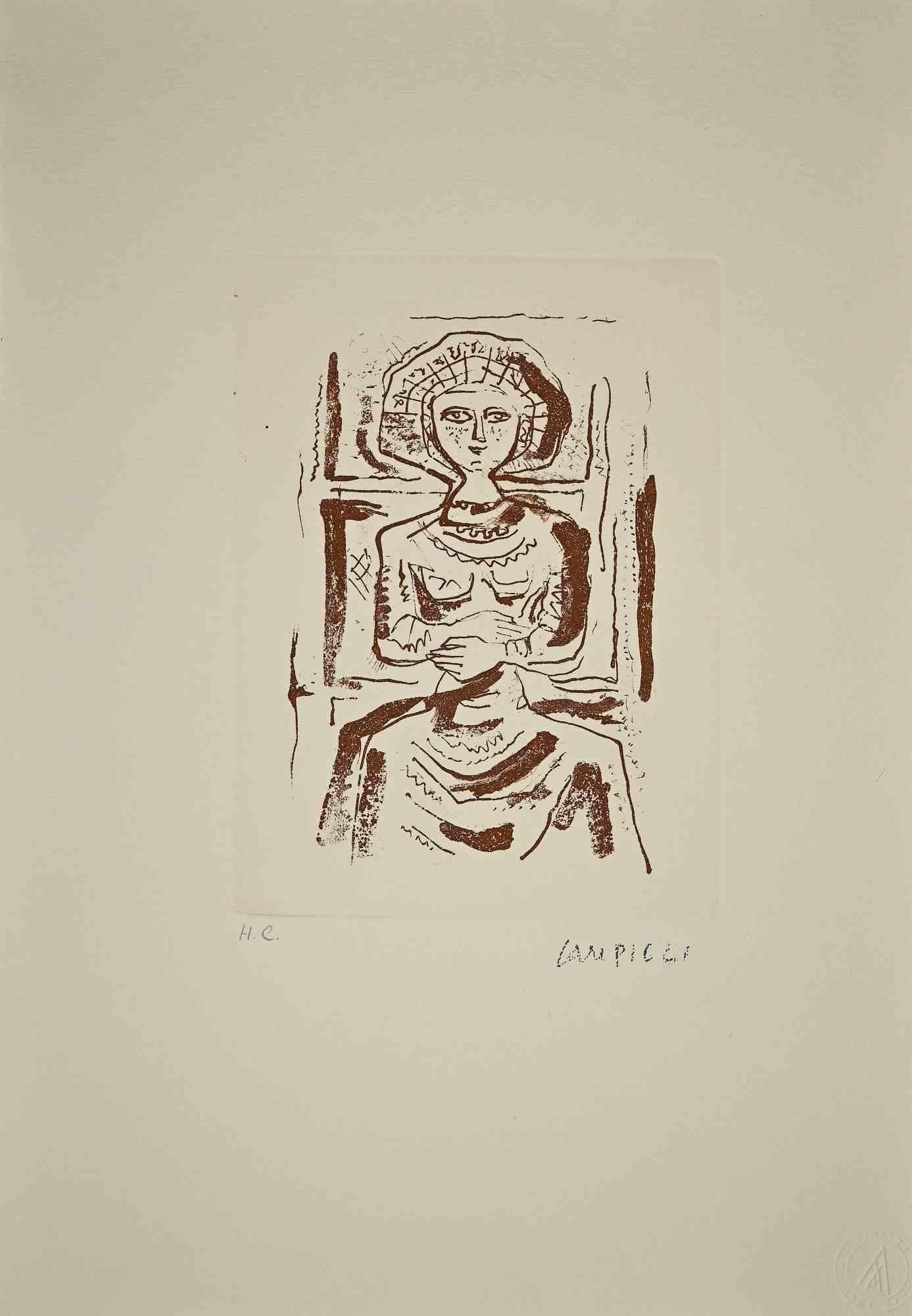 The Idol is an original print realized by Massimo Campigli in the 1970/1971.

Etching on paper..

This artwork it is part of a series of works created in the last period of the artist and printed at the turn of the year of his death, which took