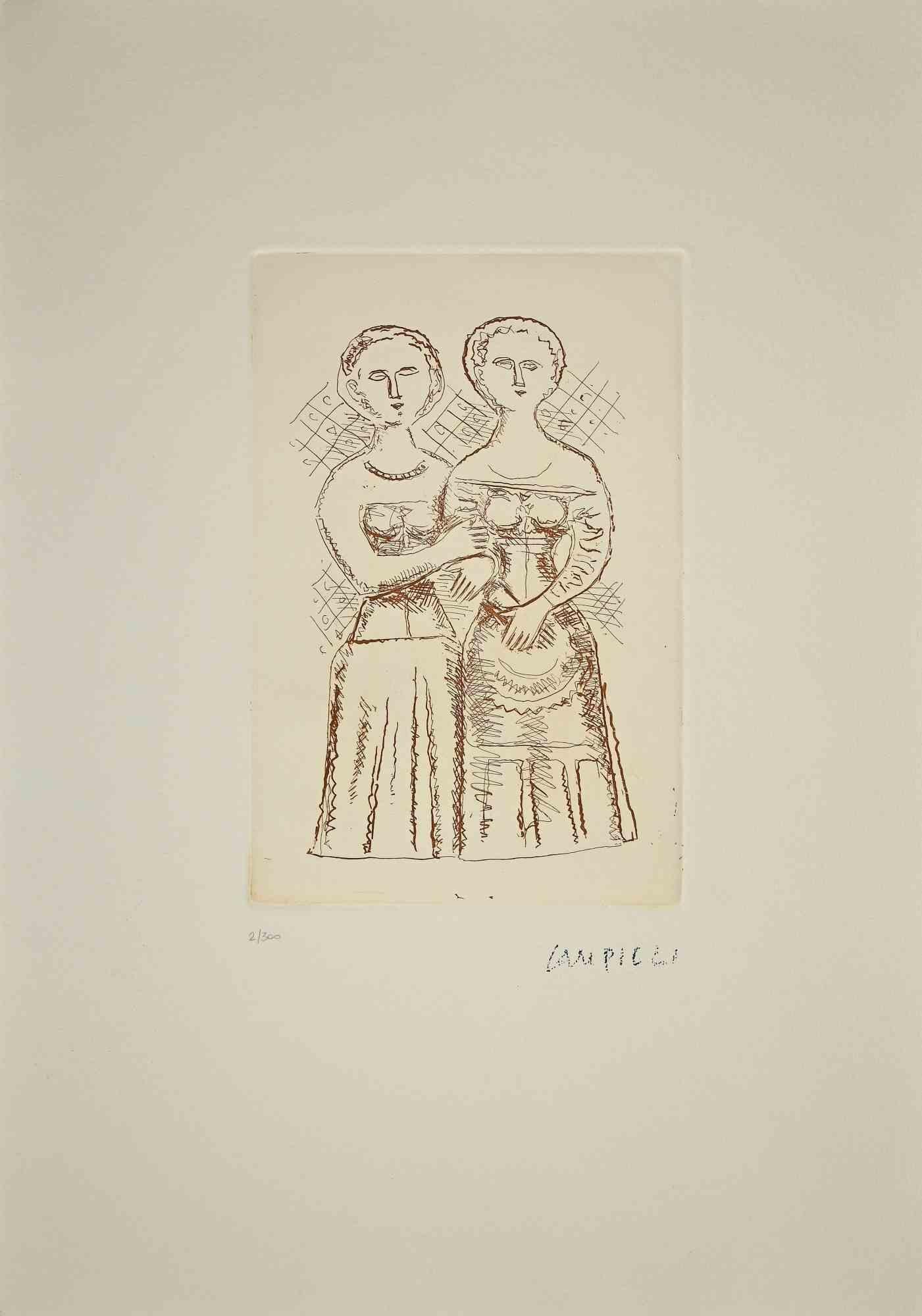 The two women is an print realized by Massimo Campigli in the 1970/1971s.

Beautiful etching and drypoint on paper.

This artwork it is part of a series of works created in the last period of the artist and printed at the turn of the year of his