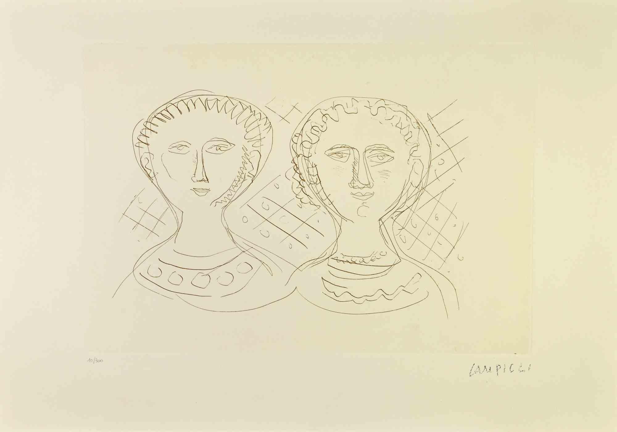 The Two Women - Etching by Massimo Campigli - 1970s