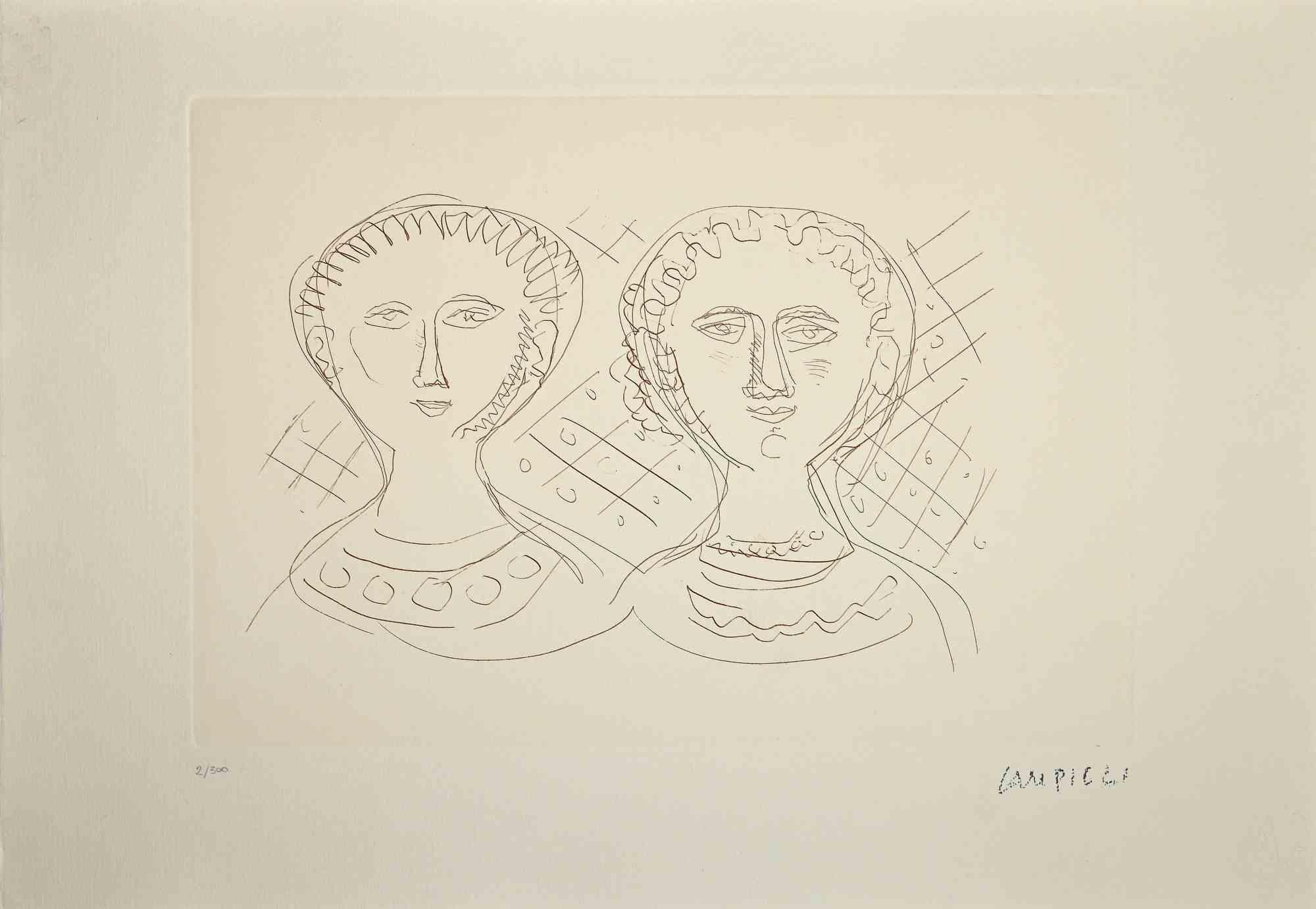 The two women is an original print realized by Massimo Campigli in the 1970/1971s.

Etching on paper.

This artwork it is part of a series of works created in the last period of the artist and printed at the turn of the year of his death, which took