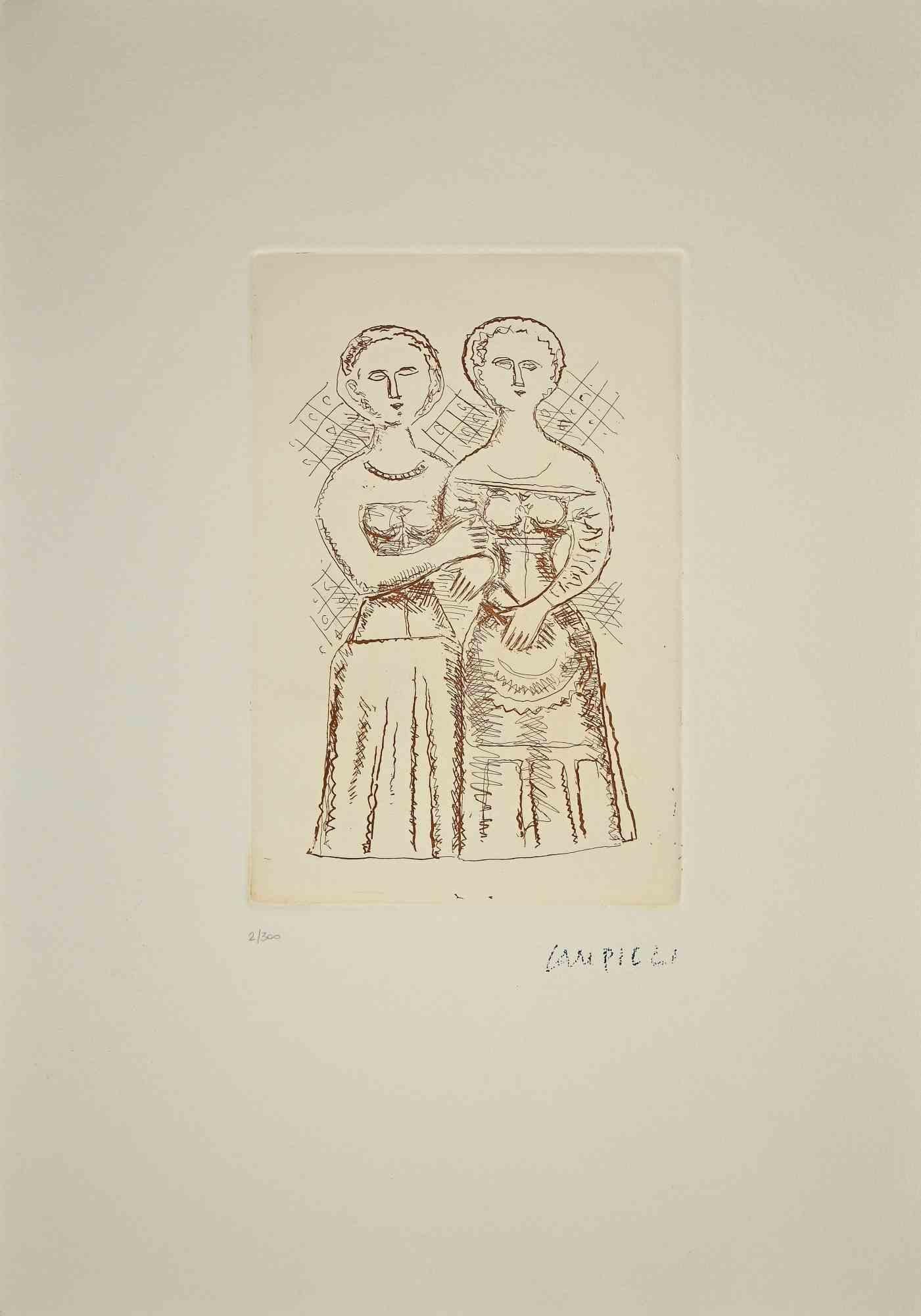 Die beiden Frauen sind ein Originaldruck von Massimo Campigli aus den Jahren 1970/1971.

Schöne Radierung und Kaltnadel auf Papier.

Dieses Kunstwerk gehört zu einer Reihe von Werken, die in der letzten Schaffensperiode des Künstlers entstanden sind