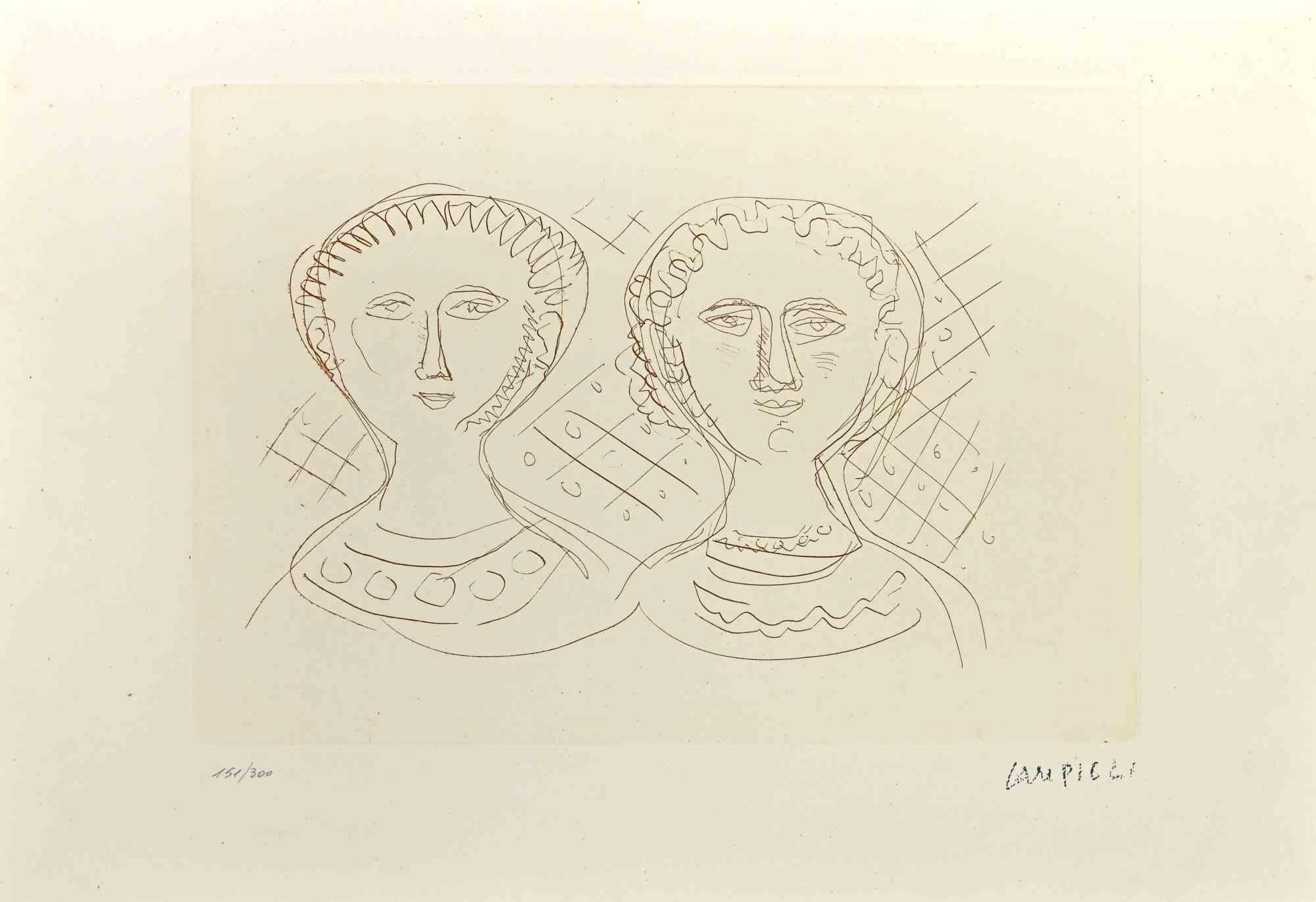 Two faces of Women  is a print realized by Massimo Campigli in the 1965.

Etching on paper. The artwork is  signed on plate on the lower right margin and numbered es. 151/300 on the left corner. 

This artwork is part of "The Memories of Casanova"