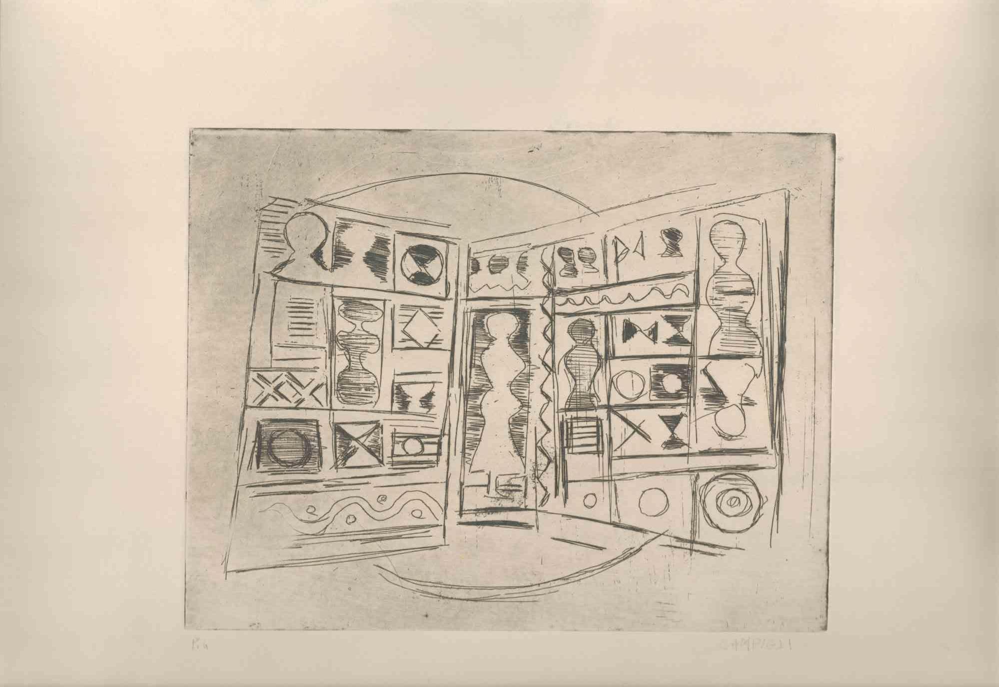 Massimo Campigli (1895-1971)

Windows
Etching and aquatint, 49,5 x 35,5 cm 
Printed on Fabriano paper. Signed in pencil on the lower right, "P. A." on the lower left.
Fresh impression, very good condition. Without frame.