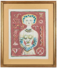 Frau mit blauen Handschuhen – Lithographie von Massimo Campigli – 1967