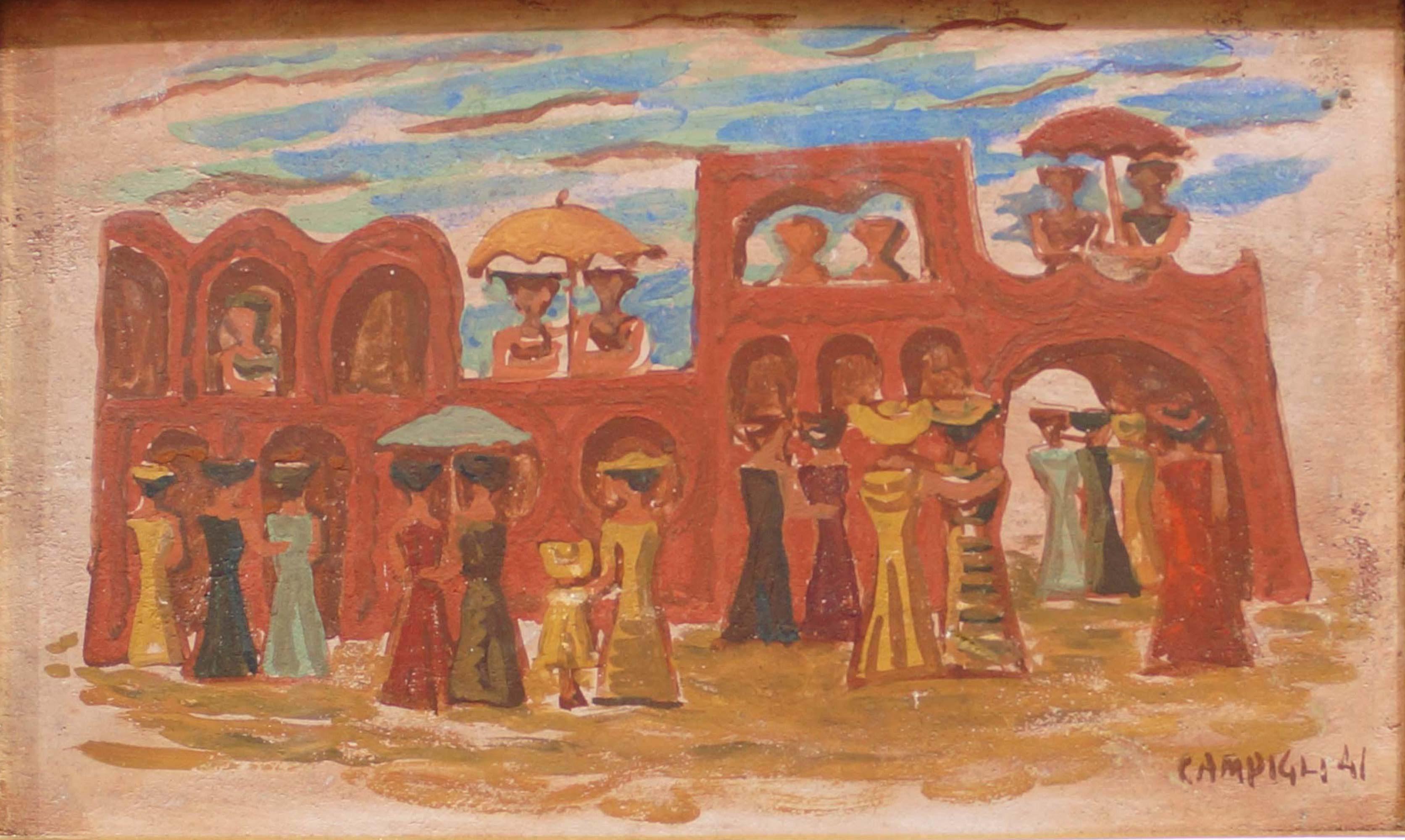 Le Petit Théâtre - Peinture originale de Massimo Campigli - 1941 en vente 2