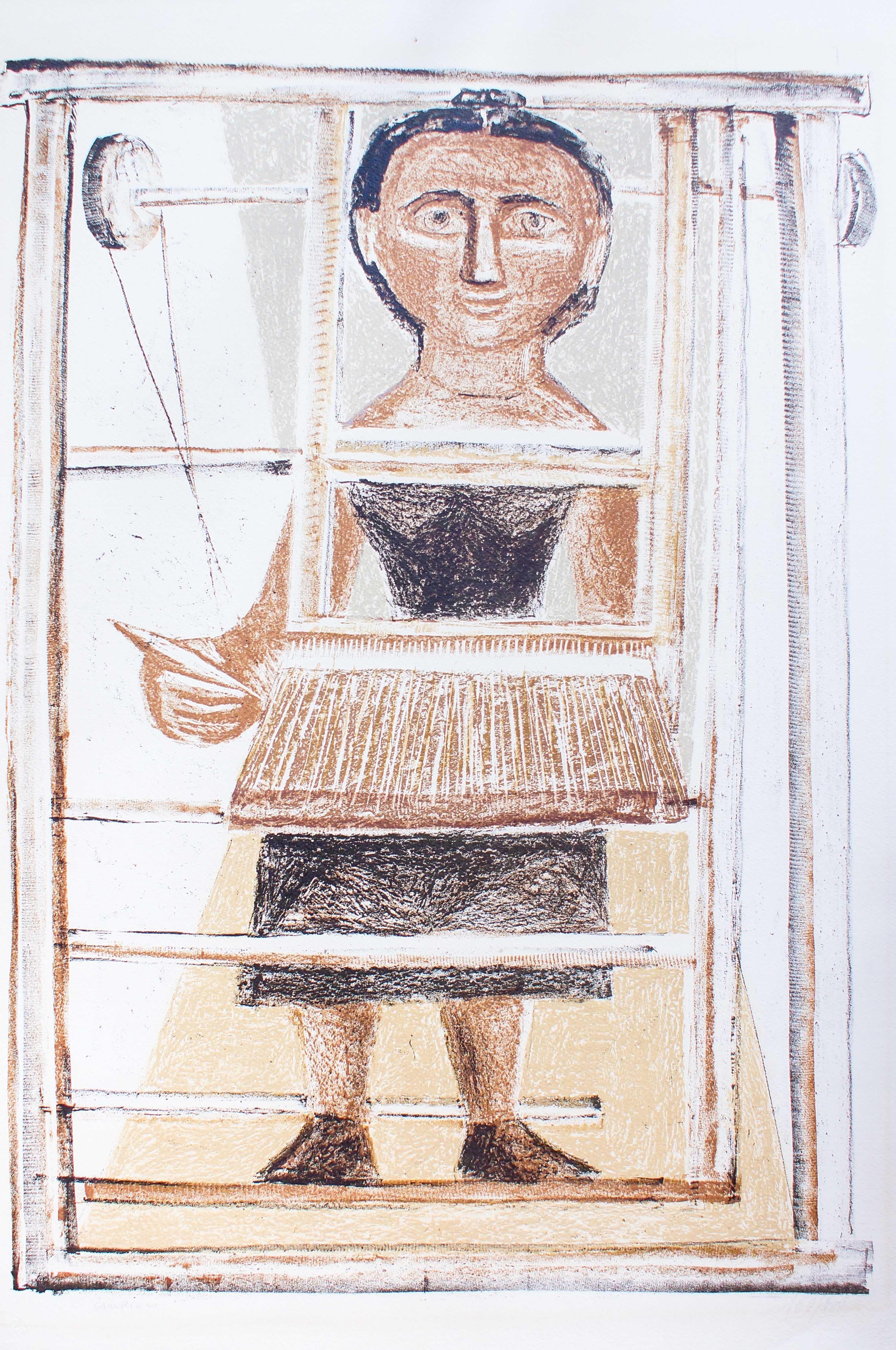 Hand signed.
In “La Tessitrice” (“The Weaver”), an hand signed lithograph by Massimo Campigli, the artist represents a weaver. The female figure protagonist of the composition is working with the loom and her gaze seems to be focused on the