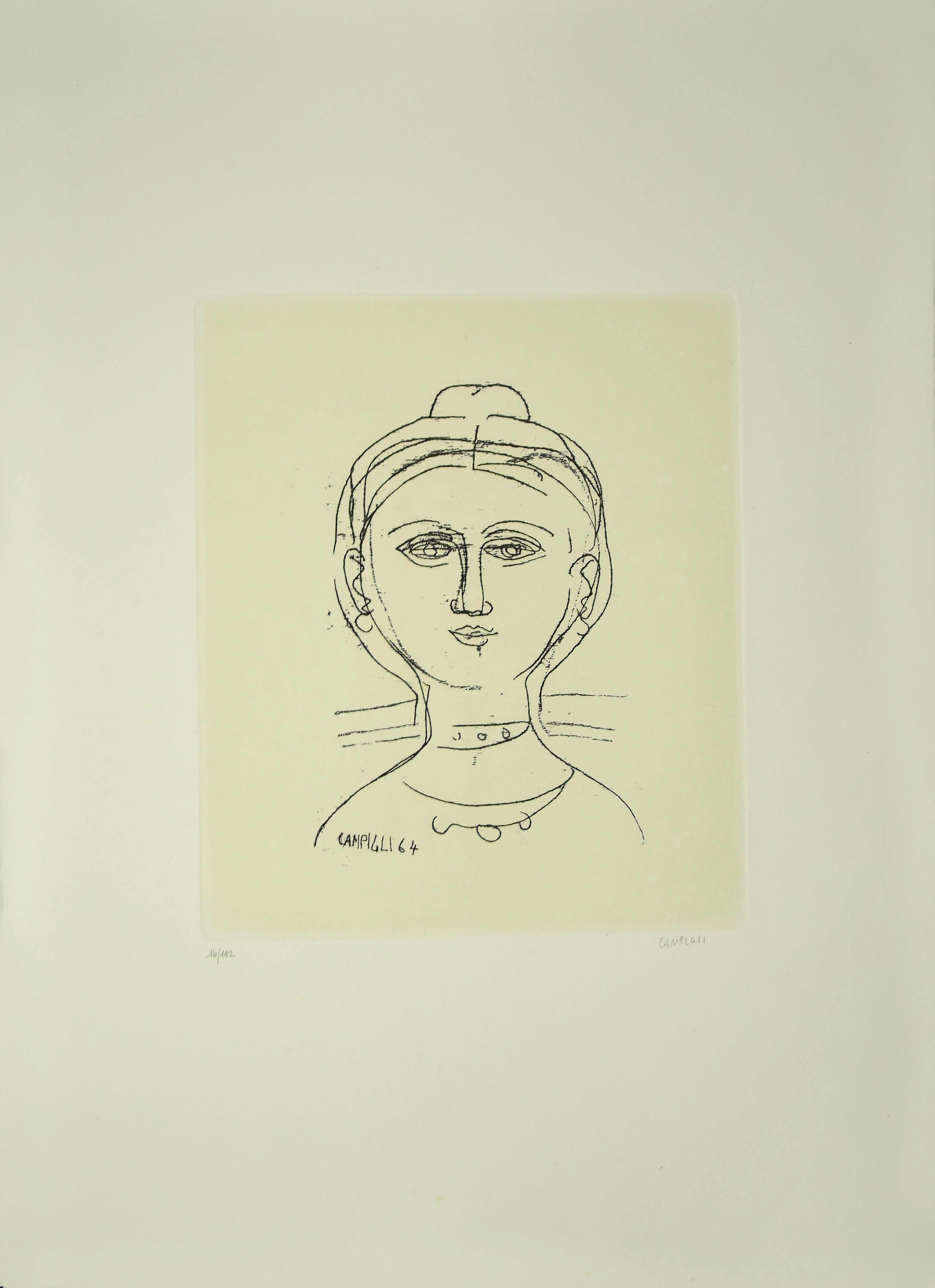 Femme - Gravure de M. Campigli - 1964 - Print de Massimo Campigli