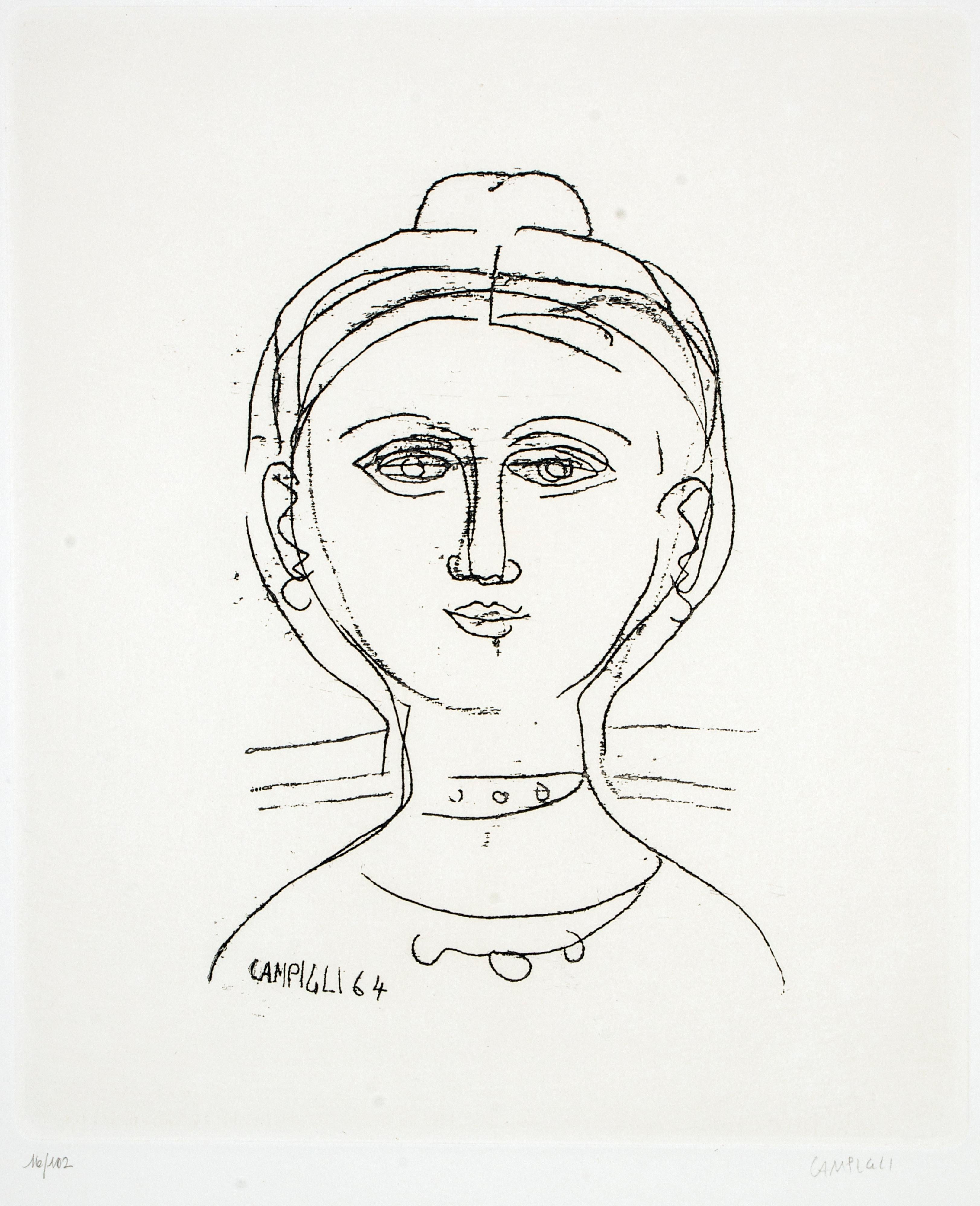 Portrait Print Massimo Campigli - Femme - Gravure de M. Campigli - 1964