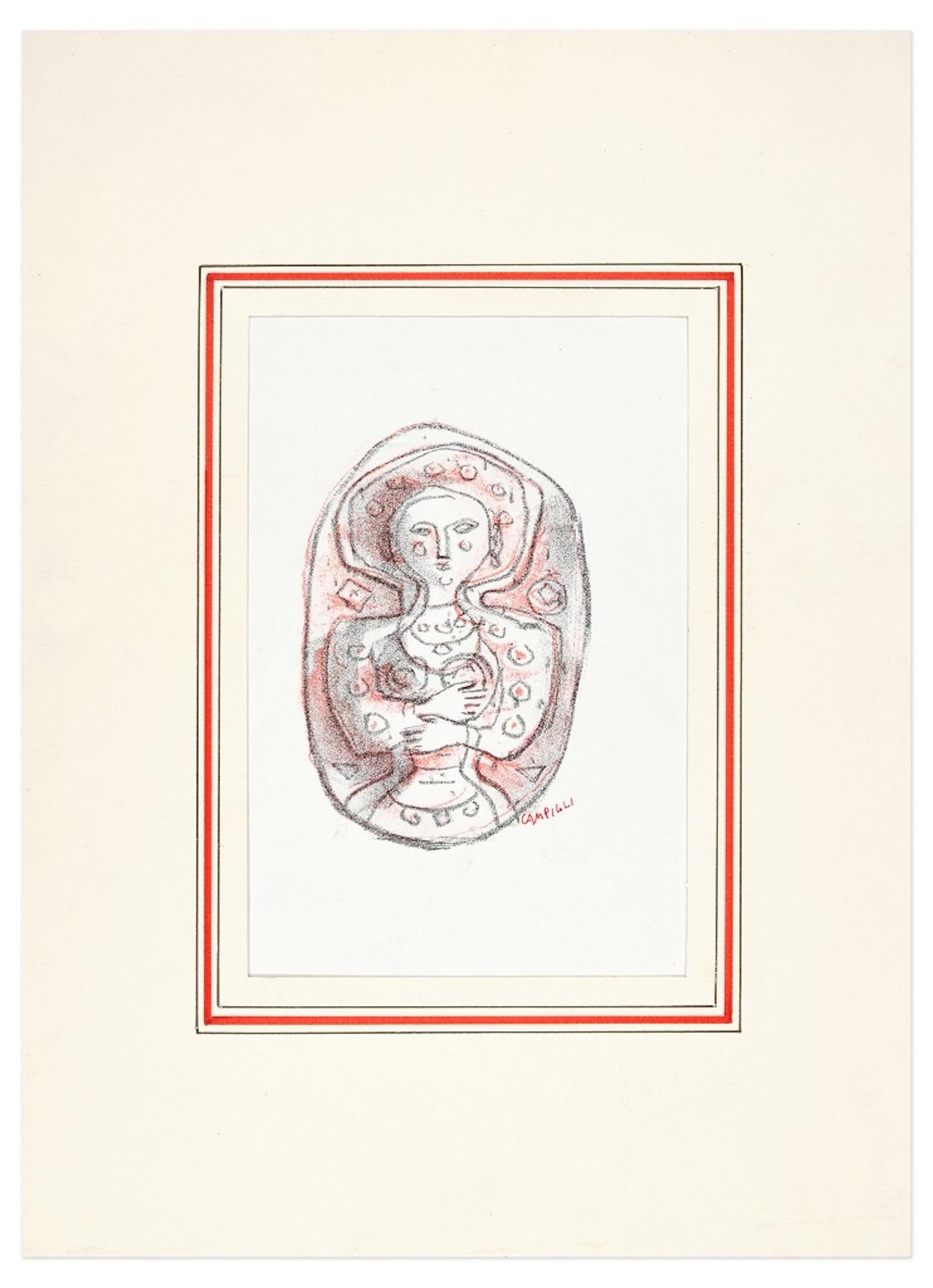 Femme - Lithographie originale de Massimo Campigli - années 1960 en vente 1