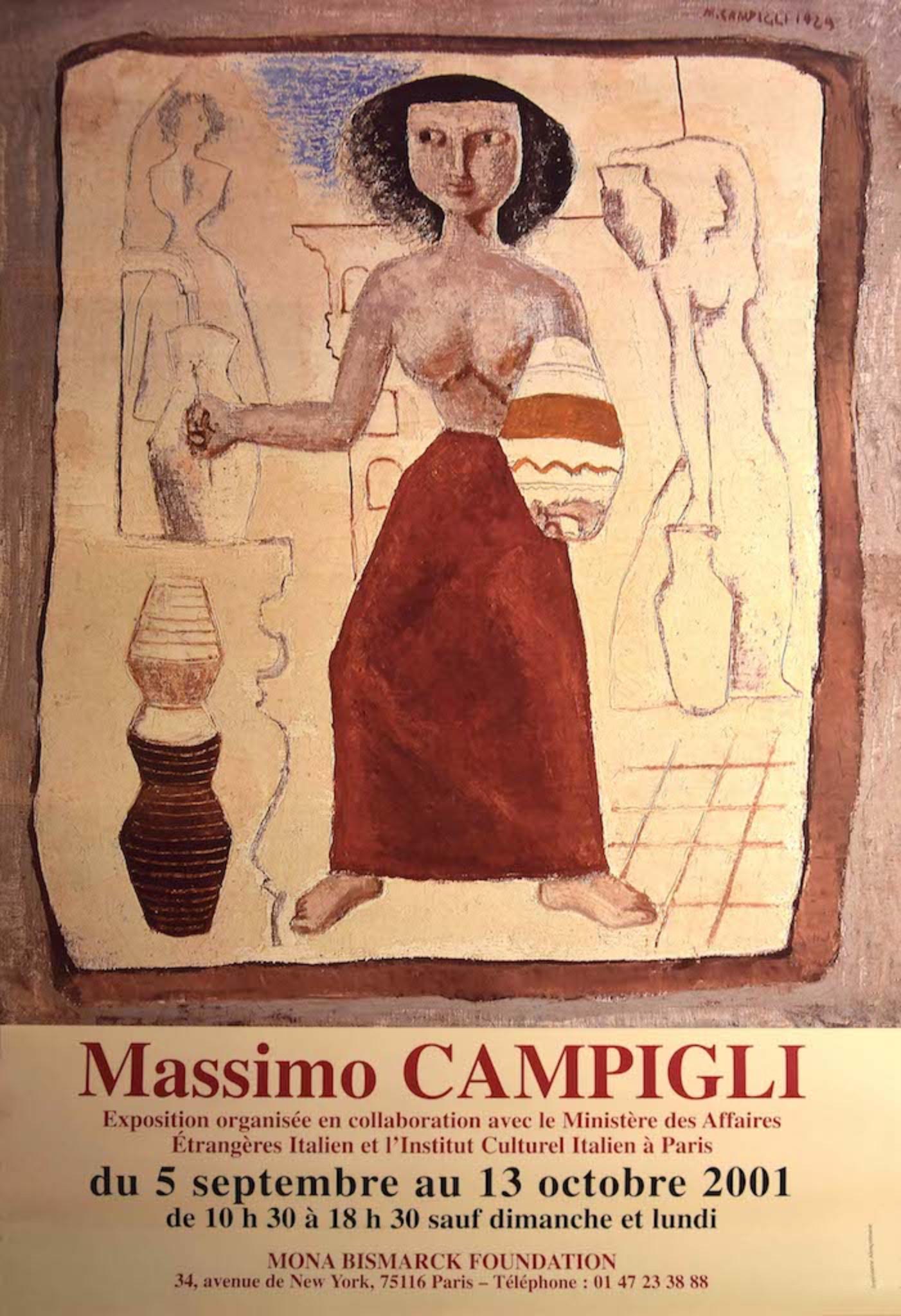 Frau ist ein Vintage-Ausstellungsplakat einer Ausstellung von Massino Campigli's Werken, die 2001 in der Mona Bismarck Stiftung stattfand.

Guter Zustand.

Massimo Campigli (Berlin, 1895 - Saint-Tropez, 1971) war ein italienischer Maler. Im Jahr