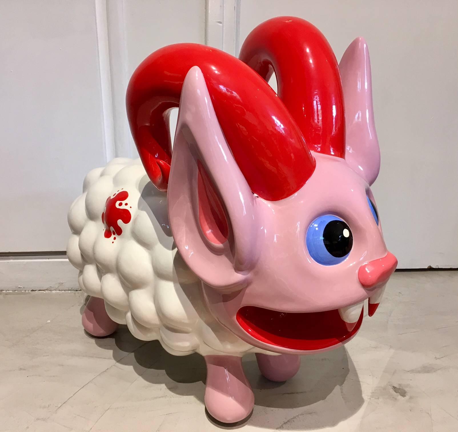 A limited edition earthenware sculpture representing a mutant sheep, half-ram half-vampire designed by Massimo Giacon. Polychrome ceramic from the collection “The pop will eat himself”. Produced by Superego, Italy. Artist's and producer's stamps