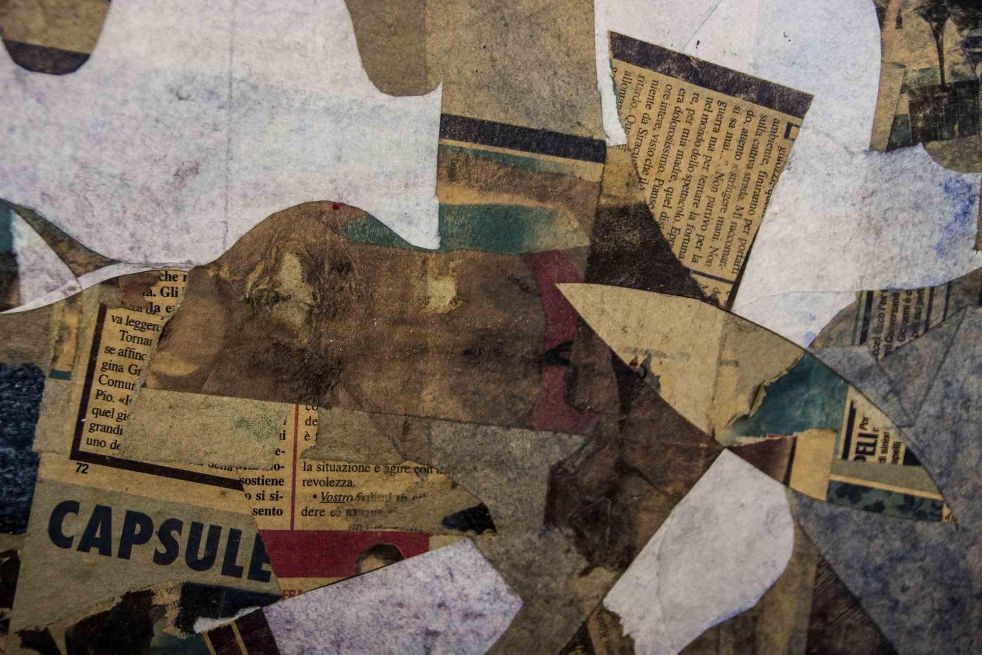 Collage of newspapers applied on canvas, realized by Massimo Greco in 2020.

Hans signed on rear by the Artist.

Certificate of Authenticity b the Artist on photograph.

Excellent condition. 
