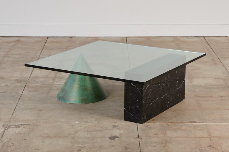 The iconic Kono Table by husband and wife design duo Massimo and Lella Vignelli for Casigliani, Italy, c.1970s. The table is a playful exploration of shape and form. A beautifully patinated copper cone and a piece of rectangular black Nero Marquina
