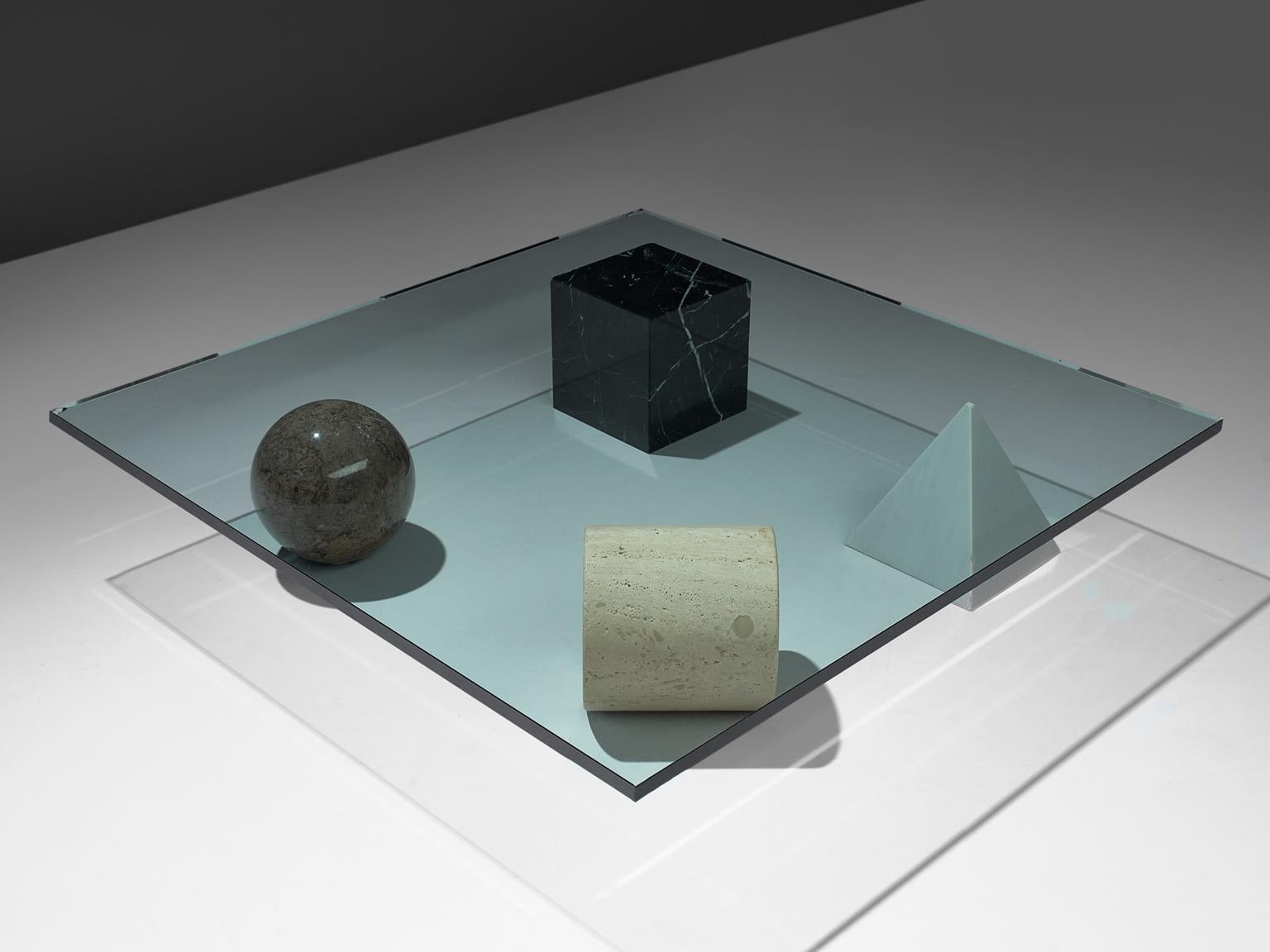 Lella and Massimo Vignelli, 'Metafora' cocktail table, glass, travertine and marble, Italy, 1970s.

This Metafora table is designed by Lella and Massimo Vignelli. This table combined out of four geometric shapes: a cube, a cylinder, a ball and a