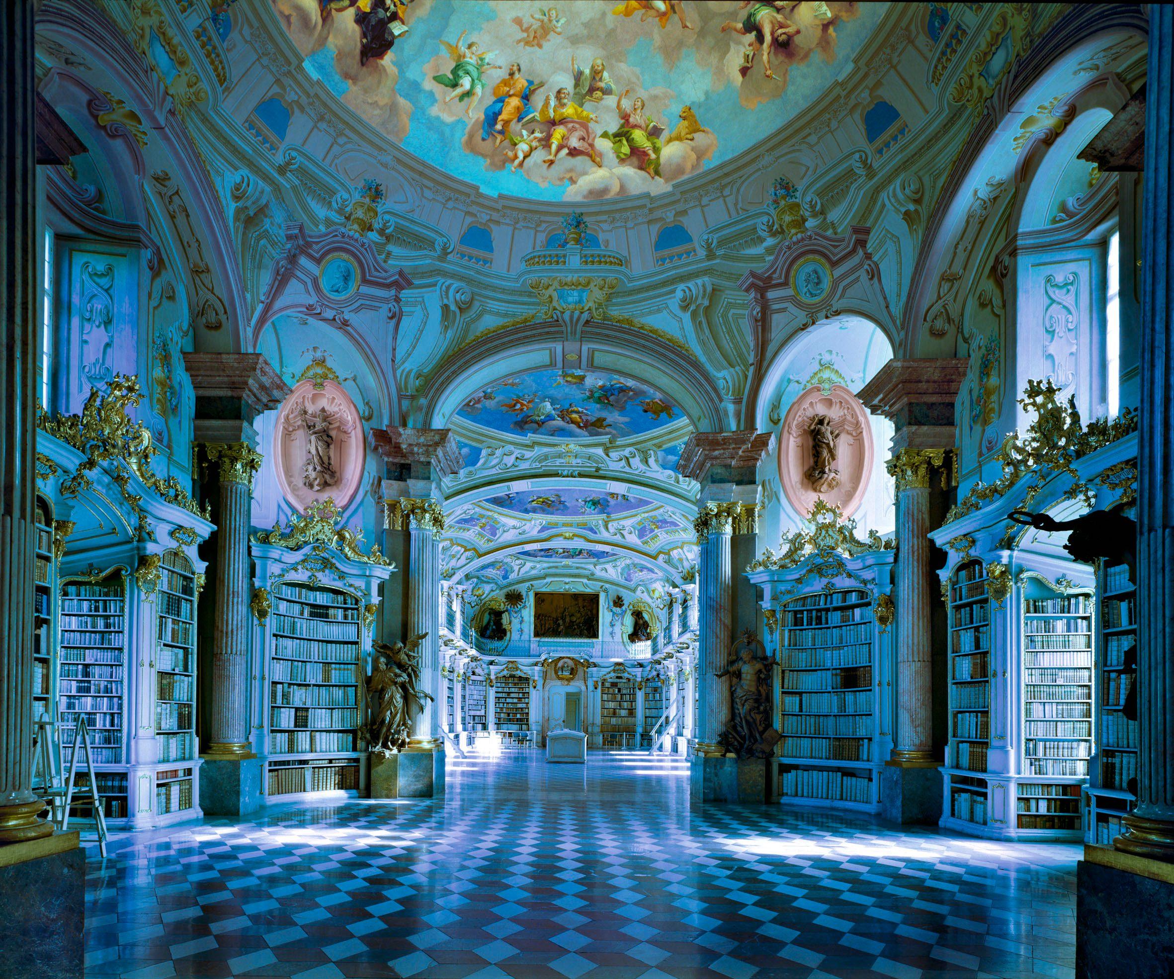 Massimo Listri Color Photograph - Bibliotheca Di Admont, blue Baroque Interior, Fine Art Photography 2000