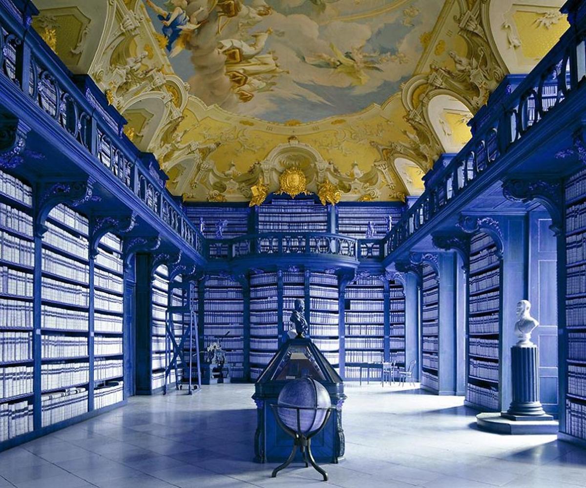 Massimo Listri Color Photograph - Seitenstetten Library, Austria - beautiful blue & yellow interior portrait 