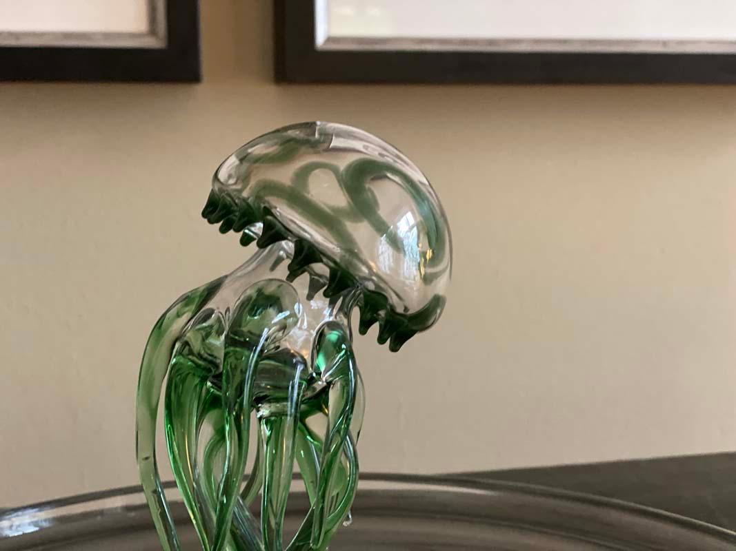 Italian Massimo Lunardon Green Jellyfish-Tablet, Murano Glas, Medusa, Bowl For Sale