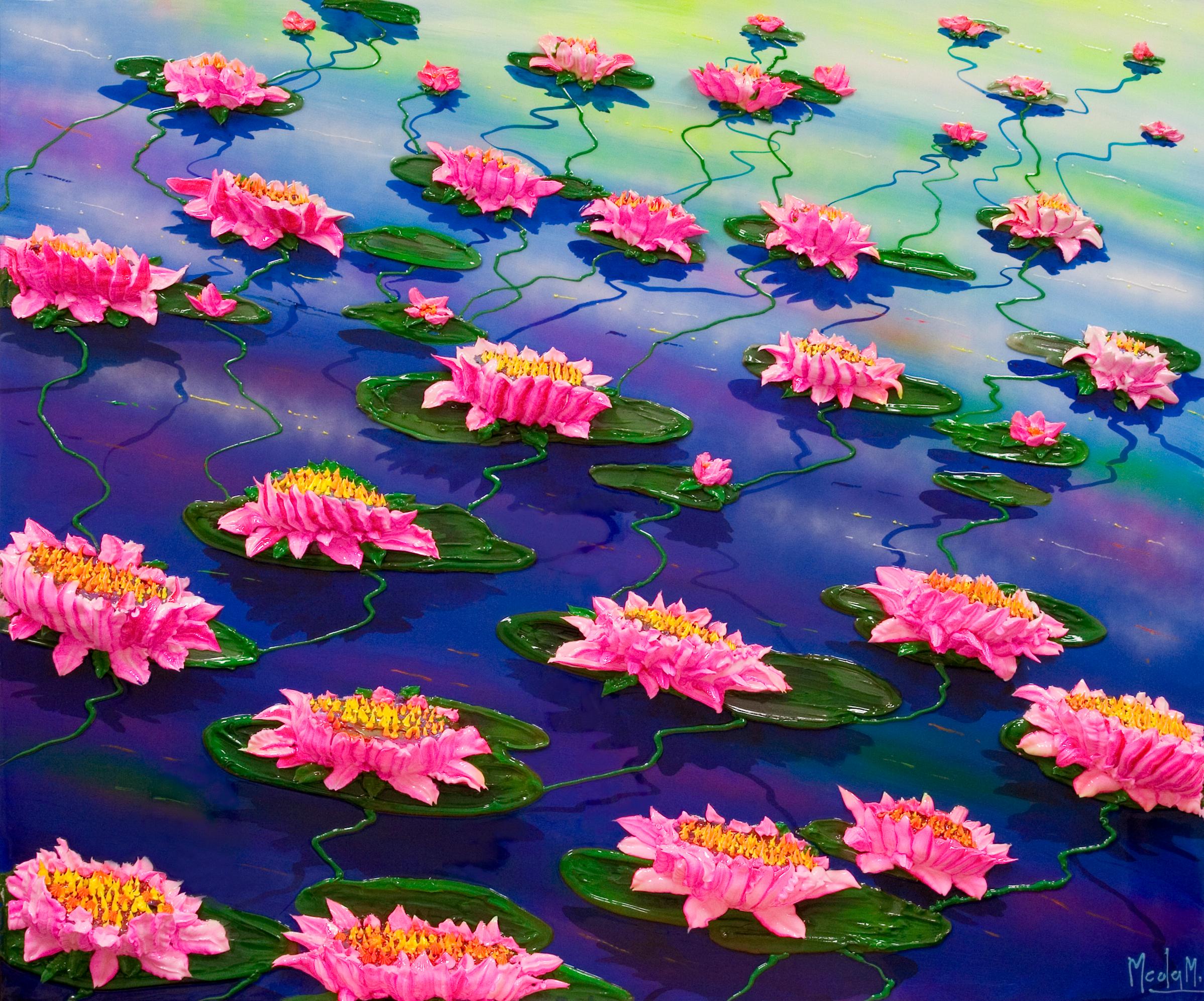 Massimo Meda Landscape Painting - Pink Water Lilies