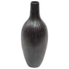 Vintage Massimo Micheluzzi Black Murano Glass Vase, Hand Blown and Battuto Cut, 2002