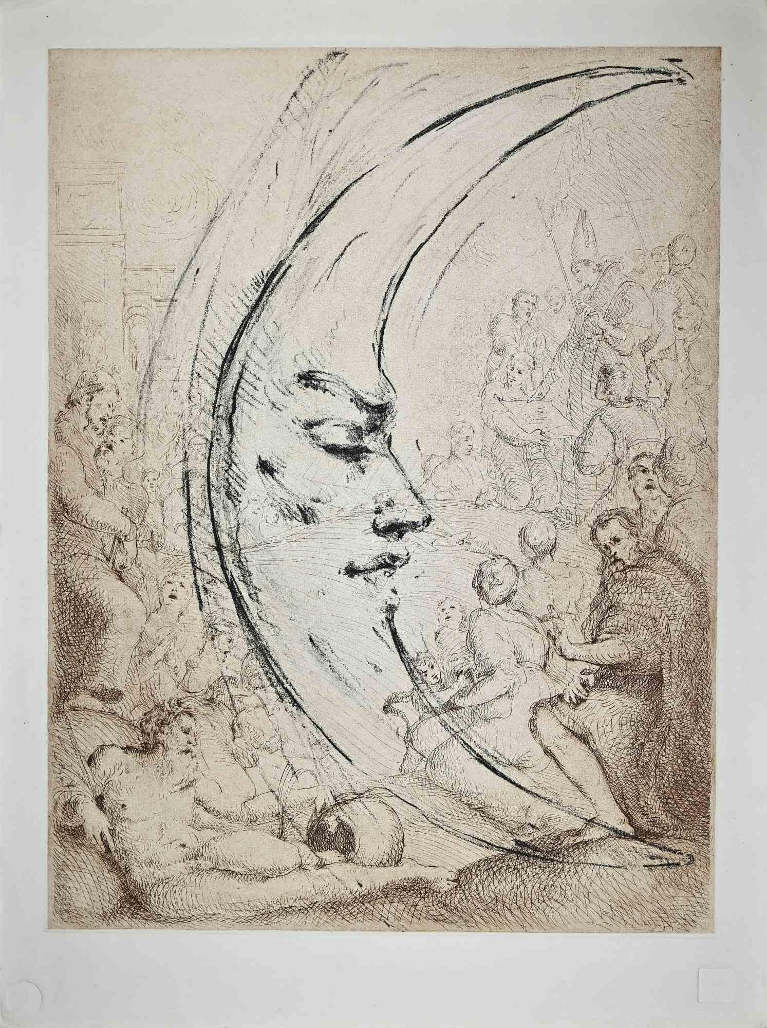 Half Moon is an original etching realized by the Italian artist Massimo Pulini. From the edition of 50 prints.

Good conditions.

The artwork is represented through great creative imagination by deft and quick strokes.