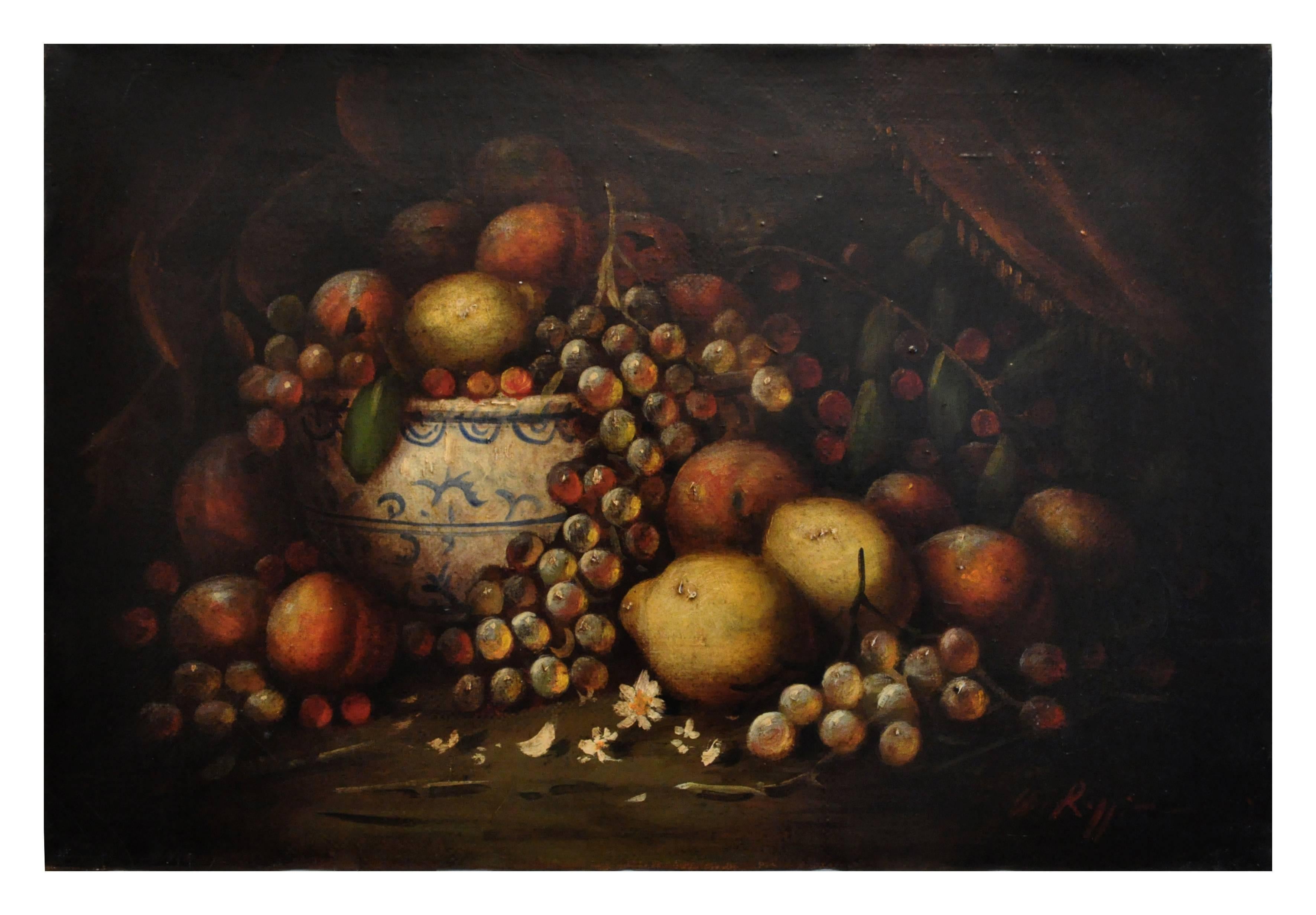 Still life - Massimo Reggiani Italia 2002 - Oil on canvas cm.40x60.
The origins of still life can be found in Dutch painting. Reggiani composed this still life inspired by the Dutch school. The composition of fruit in the painting is rich and